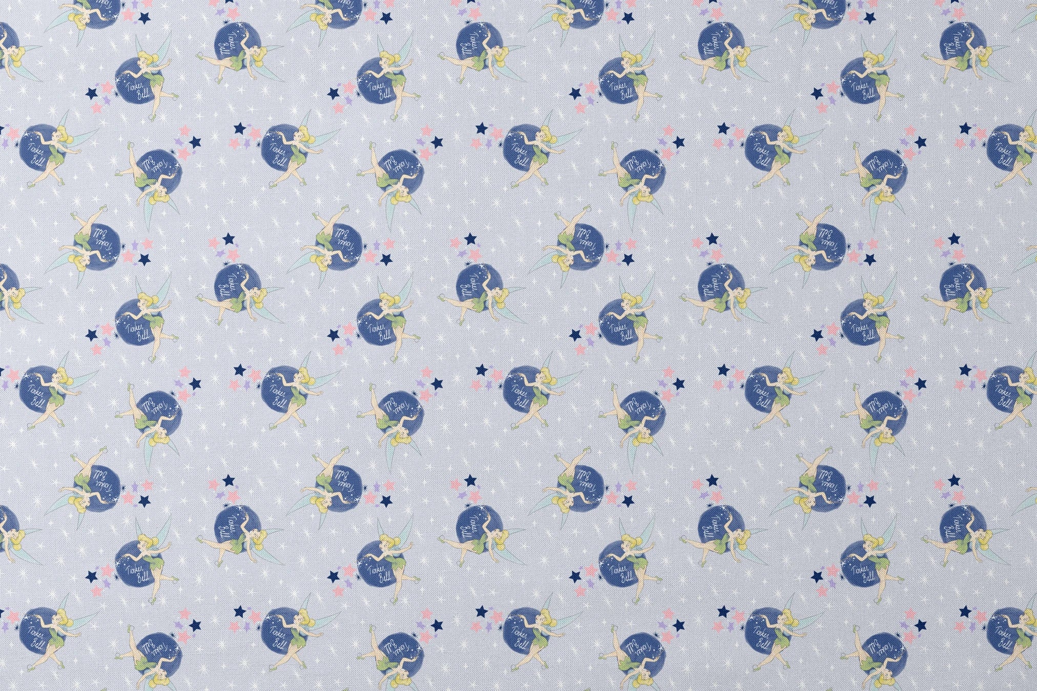 Tinker Bell pattern with the iconic fairy flying around blue moons and stars on a light gray background designs flat mockup