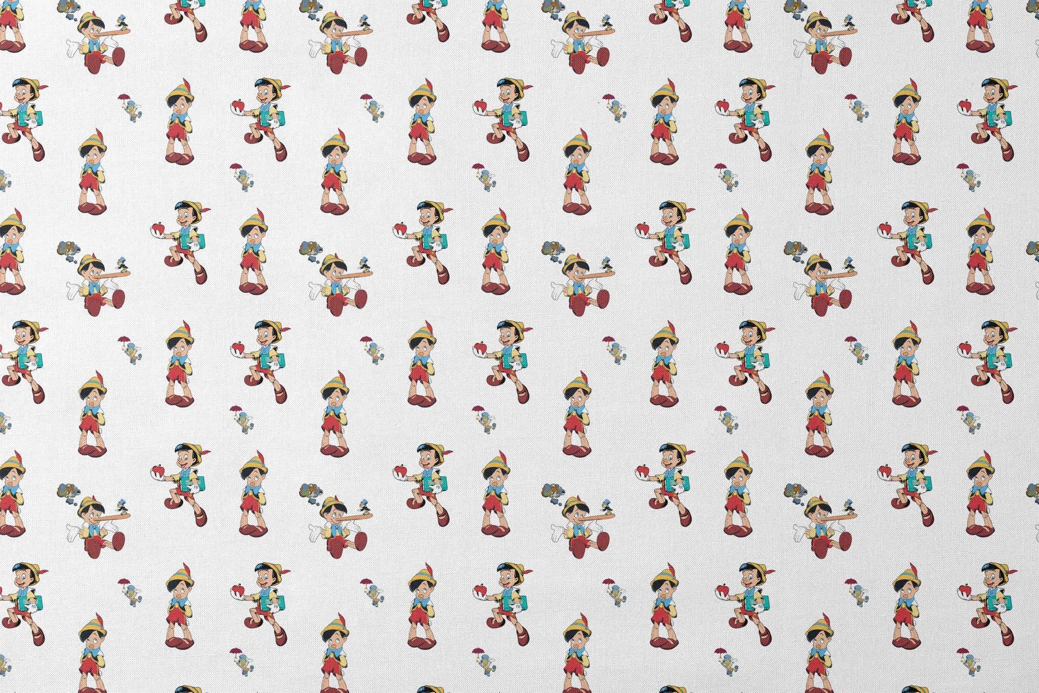 Repeating pattern of cartoon wooden puppet character with pointed hat in various poses designs flat mockup