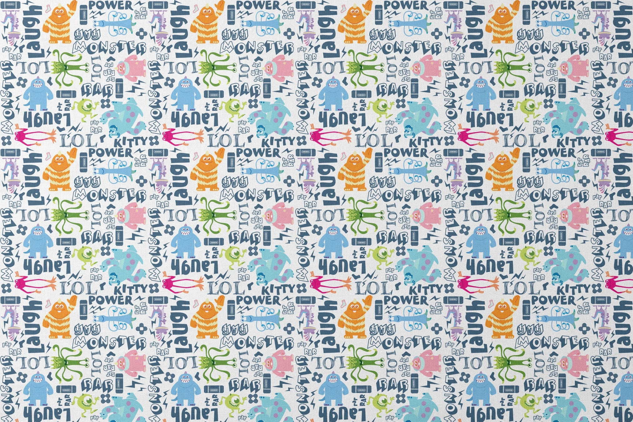 Colorful Monsters Inc doodle pattern with playful characters and text like "Laugh," "Power," and "Monster" in blue and vibrant colors. designs flat mockup