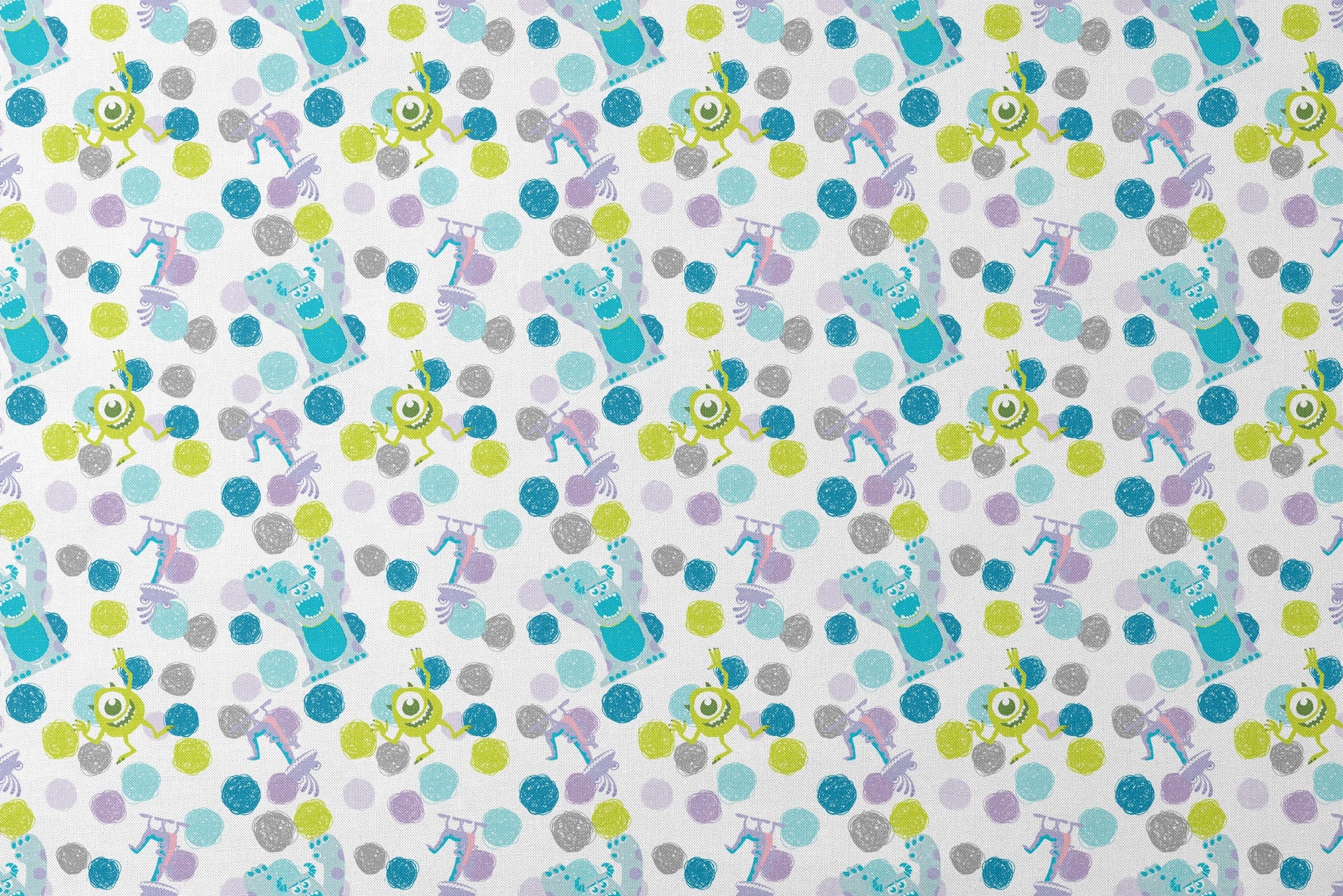 Colorful pattern featuring cartoon monsters with polka dots in blue, green, and purple on white background designs flat mockup
