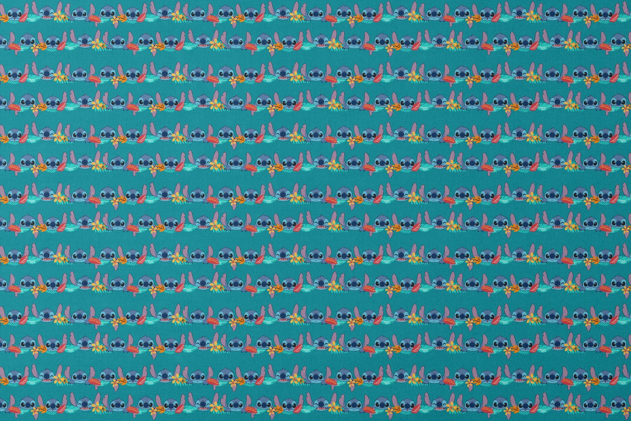 Repeating stripe design with Disney’s Stitch peeking between rows of tropical hibiscus flowers and colorful leaves on a teal background. designs flat mockup