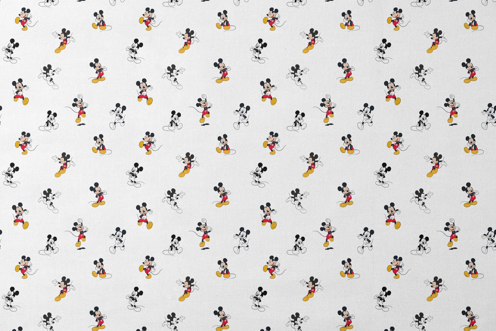 Repeating pattern of Mickey Mouse cartoon characters in various poses on white background designs flat mockup