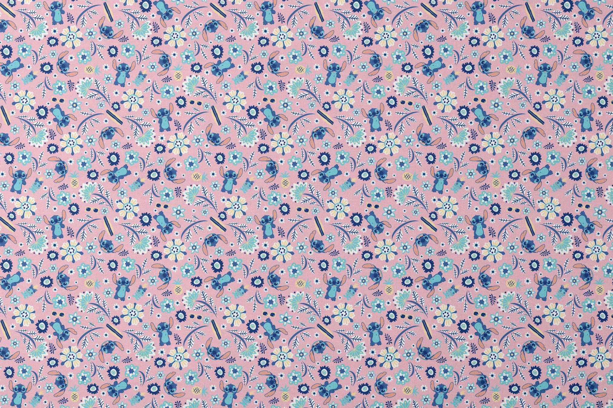 Floral pattern with Disney's Stitch, white daisies, and mint green accents on pink background designs flat mockup
