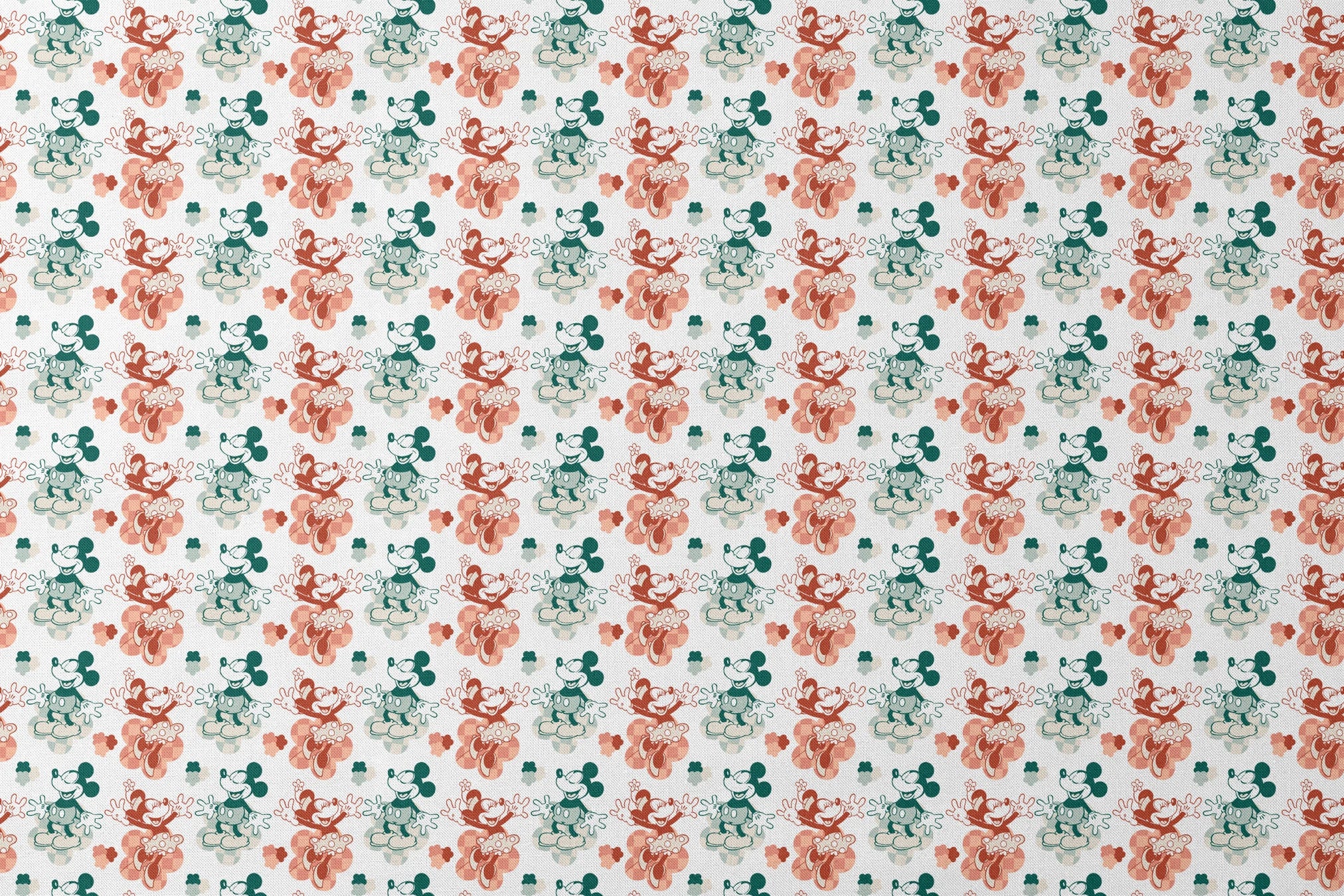Repeating pattern of vintage-style cartoon characters in green and red-orange tones on white background designs flat mockup
