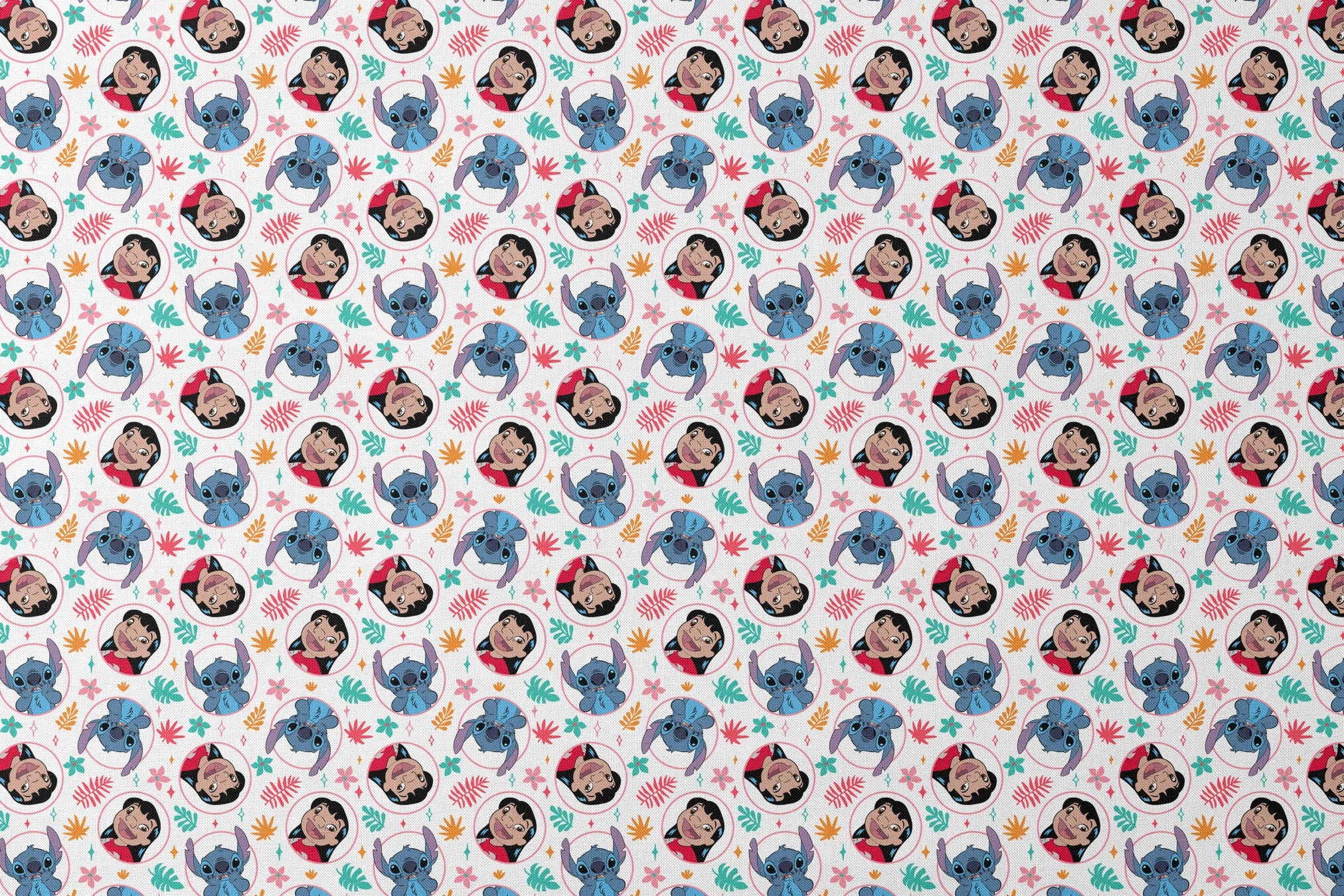 Colorful cartoon pattern with Lilo and Stitch in circles, surrounded by tropical leaves and stars designs flat mockup