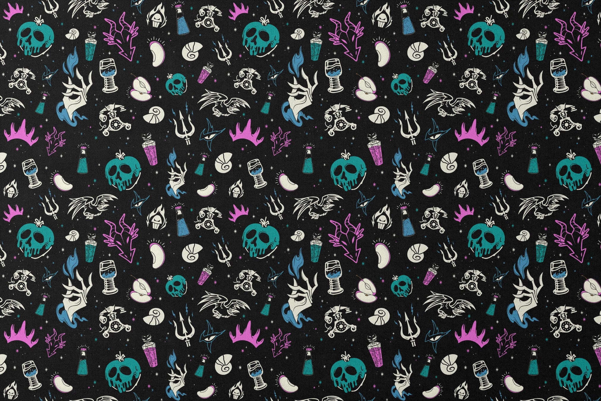 Gothic pattern with Disney villain-inspired icons like skulls, potions, and flames in teal, purple, and blue on black background. designs flat mockup