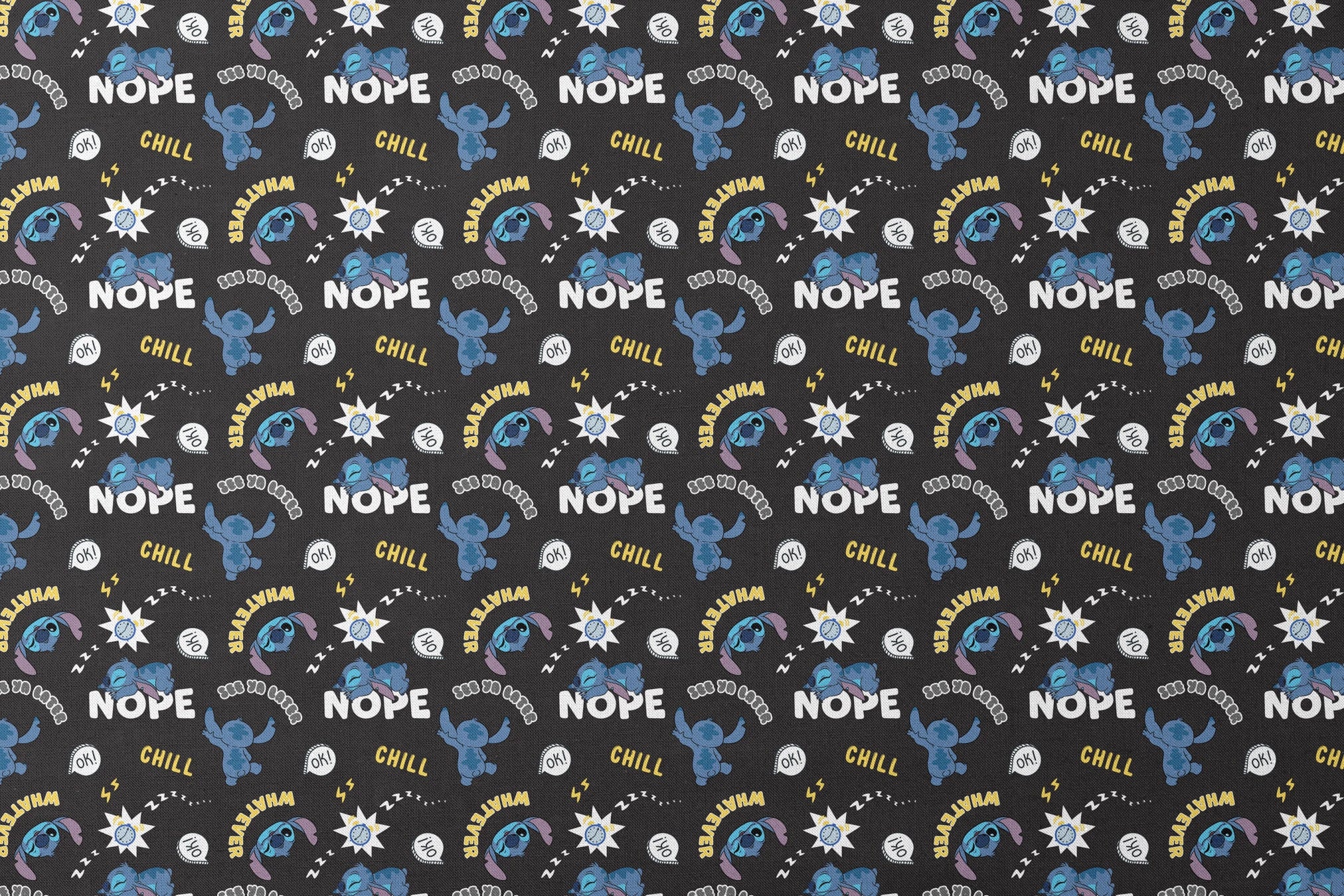 Disney Stitch pattern on black background with text "NOPE," "CHILL," "OK!" and sleep symbols designs flat mockup