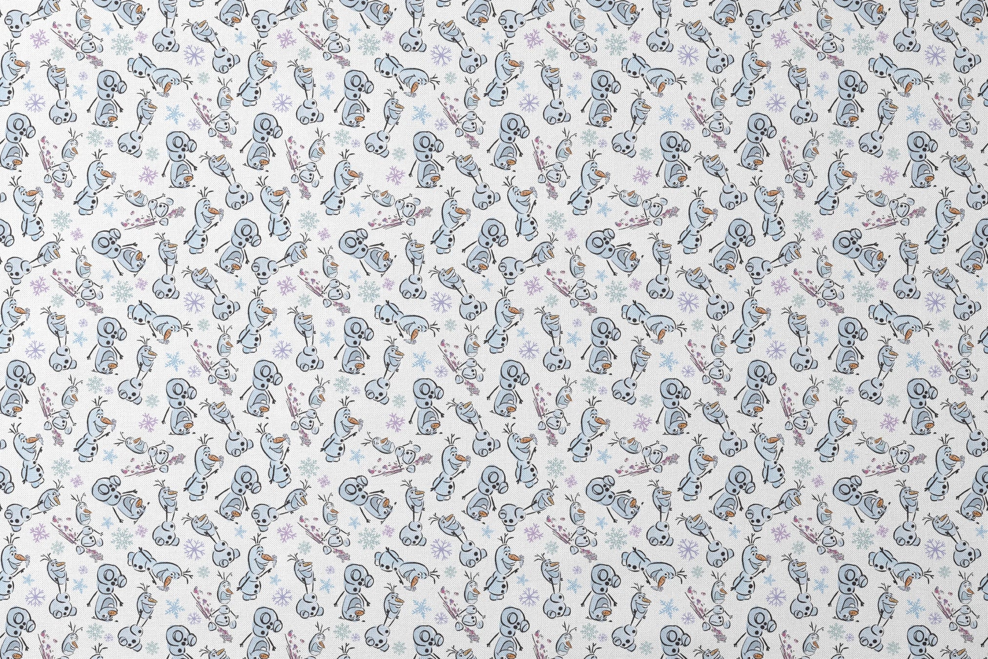 Disney Frozen Olaf with different happy expressions scattered on light blue background with snowflakes designs flat mockup