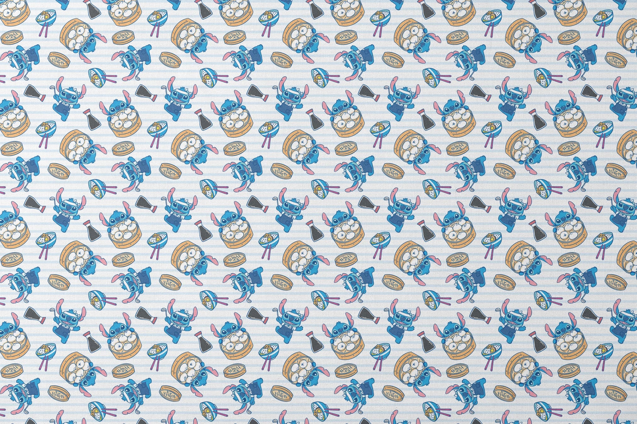 Cartoon Stitch with Chinese dim sum and dumplings on light blue striped background designs flat mockup