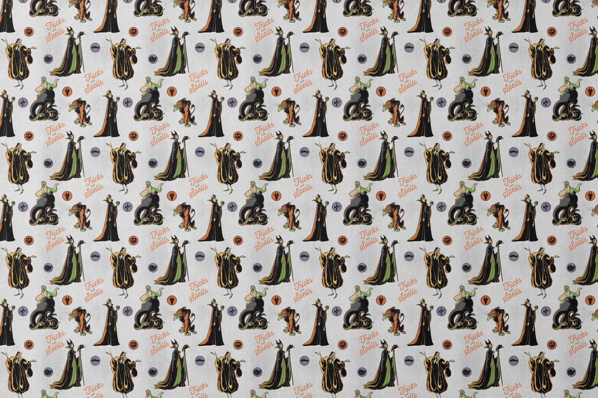 Halloween pattern with Disney villains, spells text, and magical symbols on light background designs flat mockup