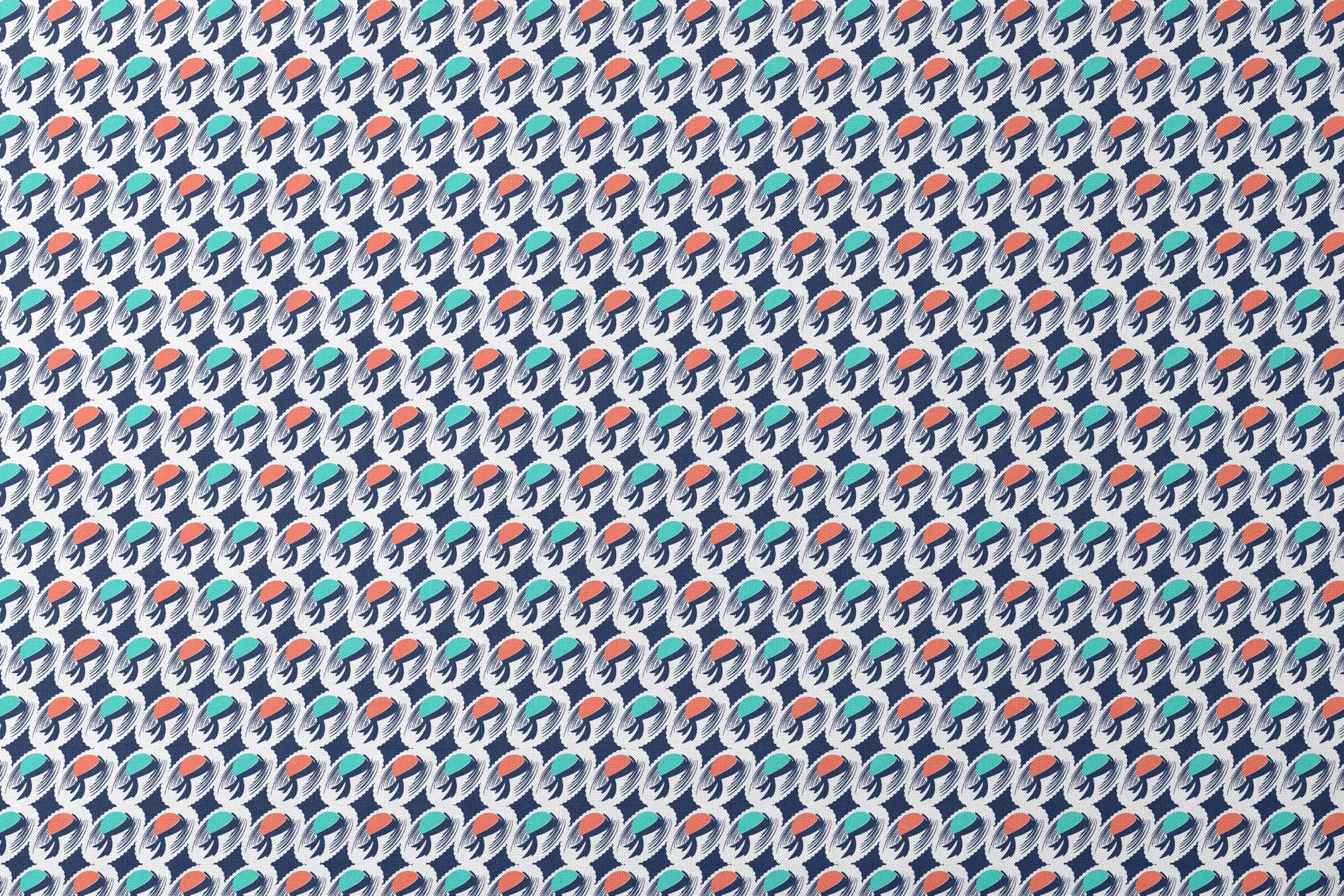 Abstract pattern with repeating mint green and coral circular shapes on navy background with white brushstroke details designs flat mockup