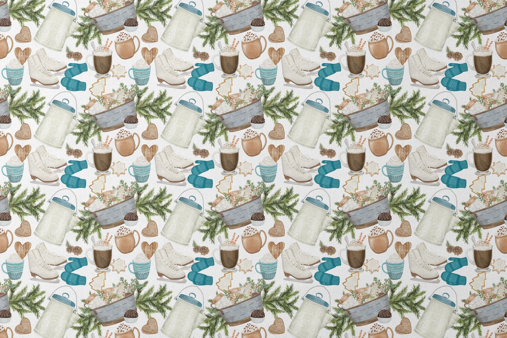 Winter-themed pattern featuring cocoa mugs, ice skates, mittens, pine branches, and holiday cookies in neutral and blue tones by Nicole Tamarin. designs flat mockup