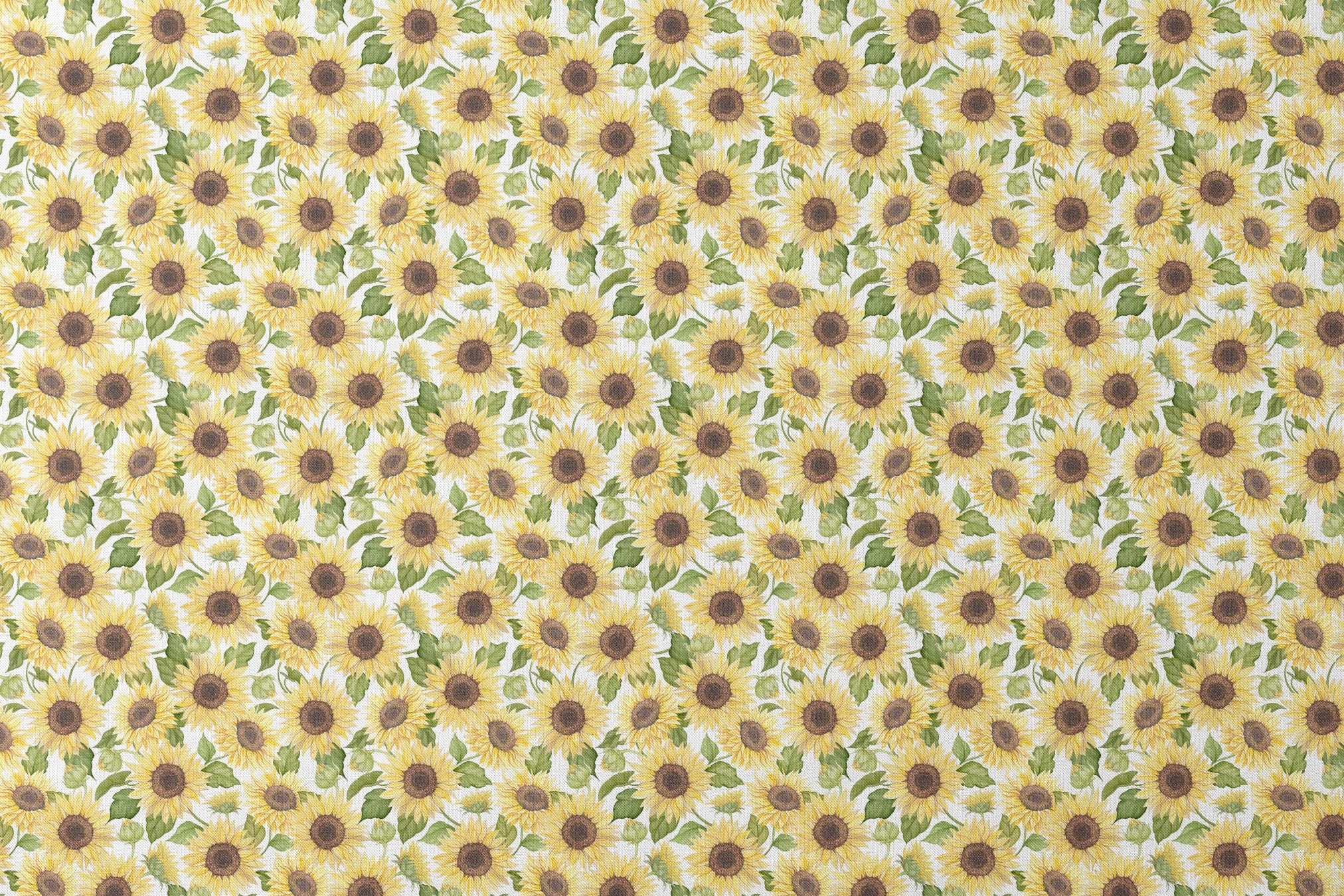 Watercolor-style packed sunflower pattern with yellow blooms and green leaves on a white background, designed by Nicole Tamarin. designs flat mockup