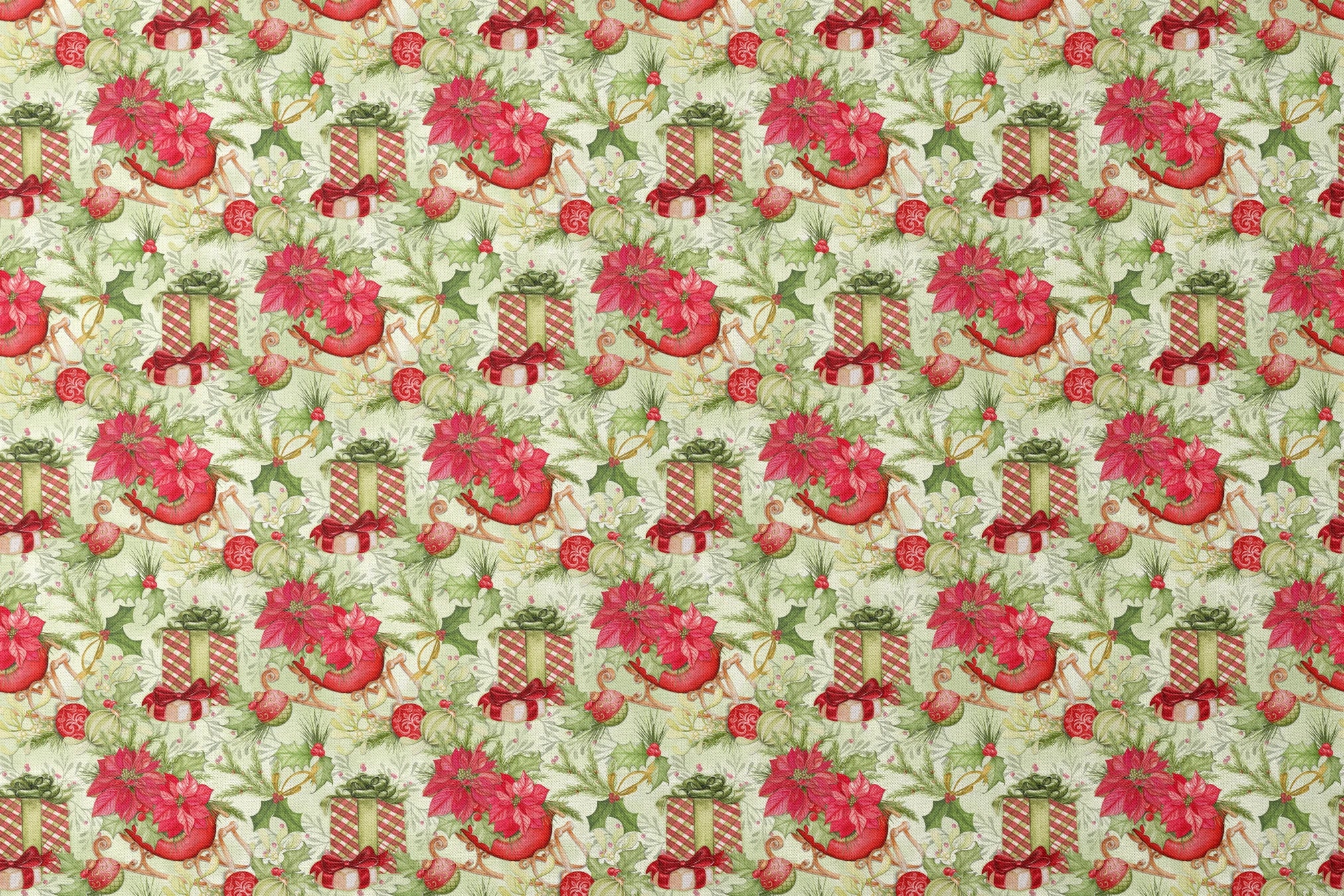 Christmas pattern with red poinsettias, vintage sleighs, wrapped gifts, holiday ornaments, and greenery in a festive toss by Nicole Tamarin. designs flat mockup