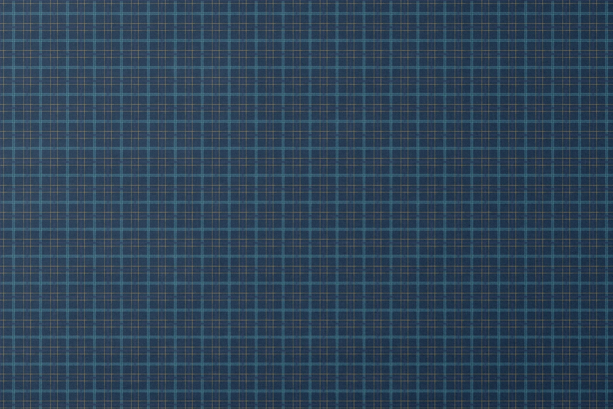 Painterly navy blue plaid with golden yellow and soft blue stripes by Nicole Tamarin, ideal for autumn sewing and decor. designs flat mockup