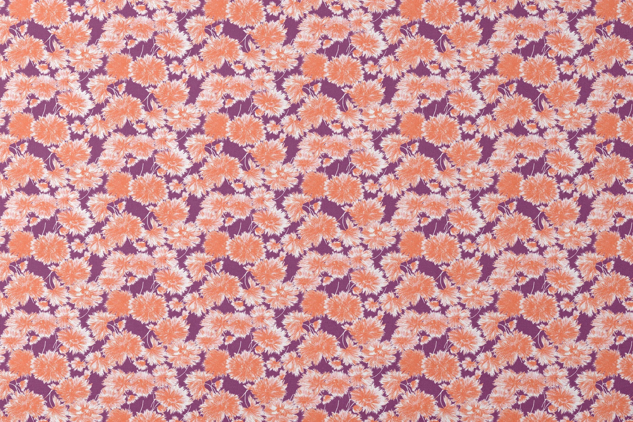 Vibrant floral pattern with orange and white chrysanthemum-like blooms on deep purple background designs flat mockup