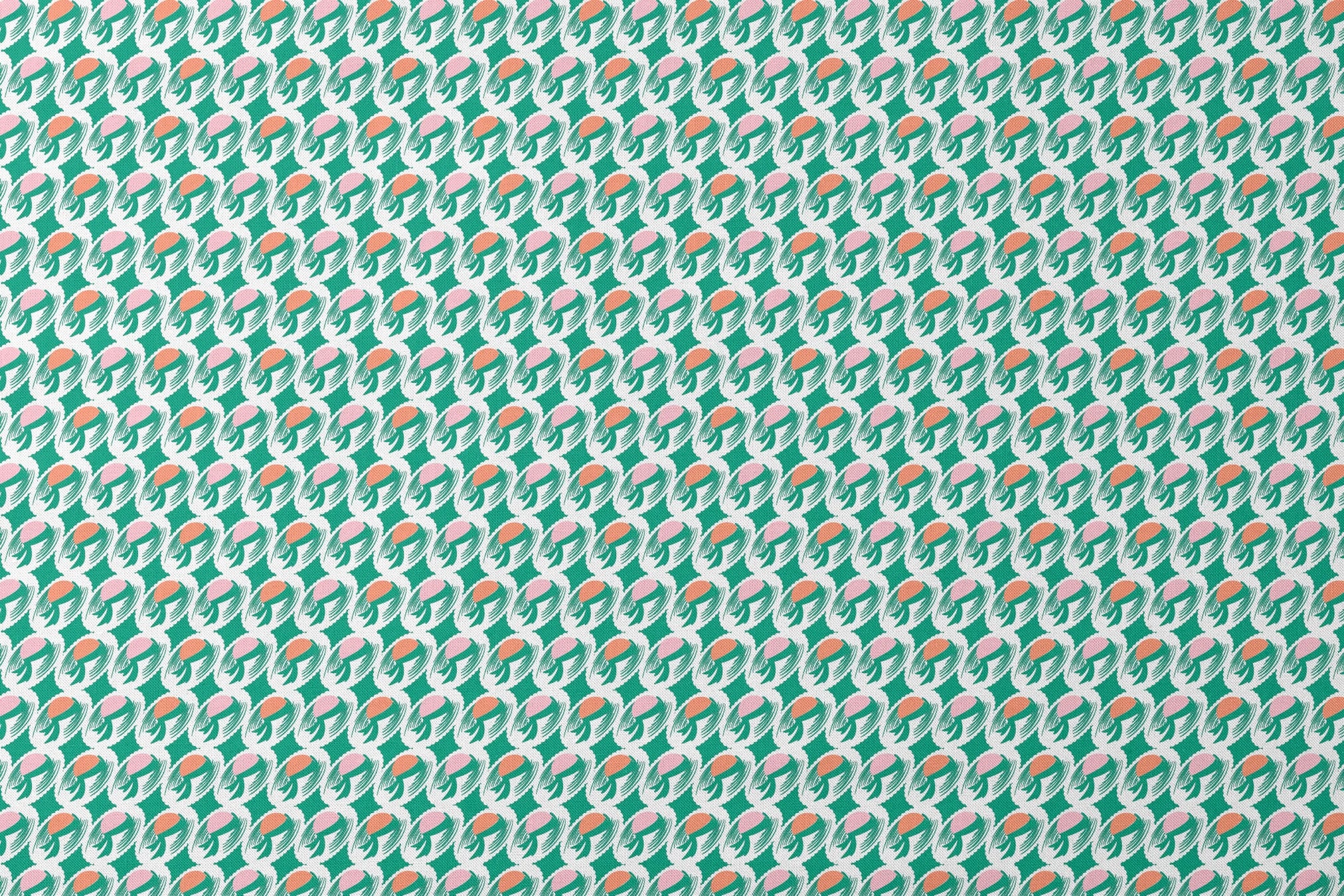 Abstract pattern with pink and orange oval shapes on green brushstroke backgrounds designs flat mockup