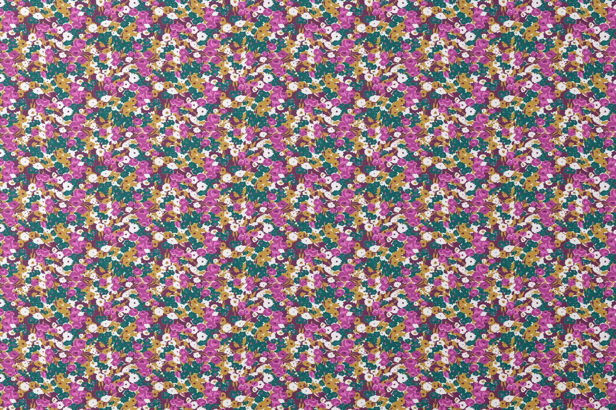 Vibrant floral pattern with purple, white, and gold flowers on teal background designs flat mockup