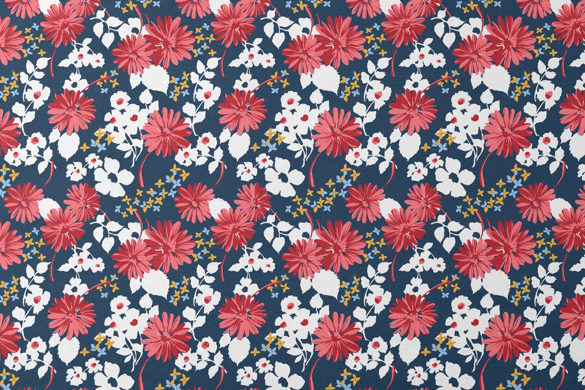 Vibrant floral pattern with red daisies and white flowers on navy background with small gold stars designs flat mockup