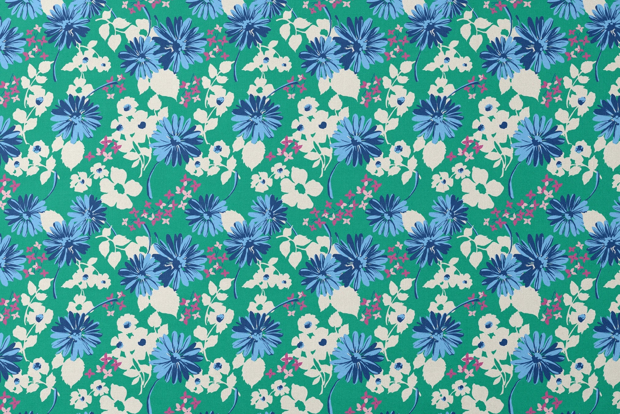 Vibrant floral pattern with blue spiky flowers and white blooms on a green background designs flat mockup