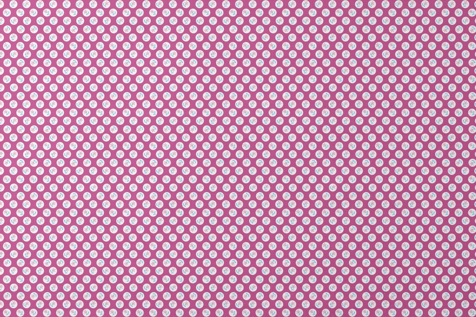 White circular dots with pink flowers and blue leaves pattern on vibrant magenta background designs flat mockup