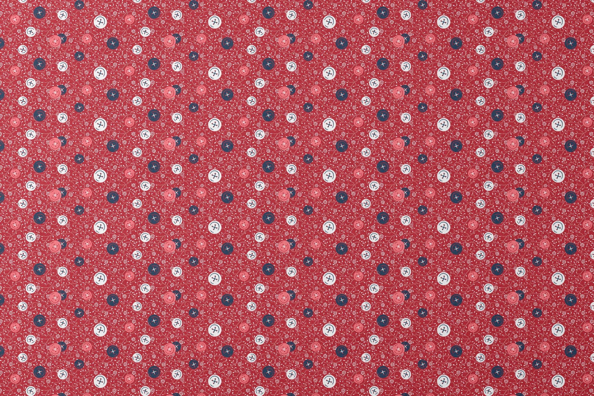 Red background with scattered buttons in white, blue, and coral colors featuring sewing motifs and small floral patterns designs flat mockup