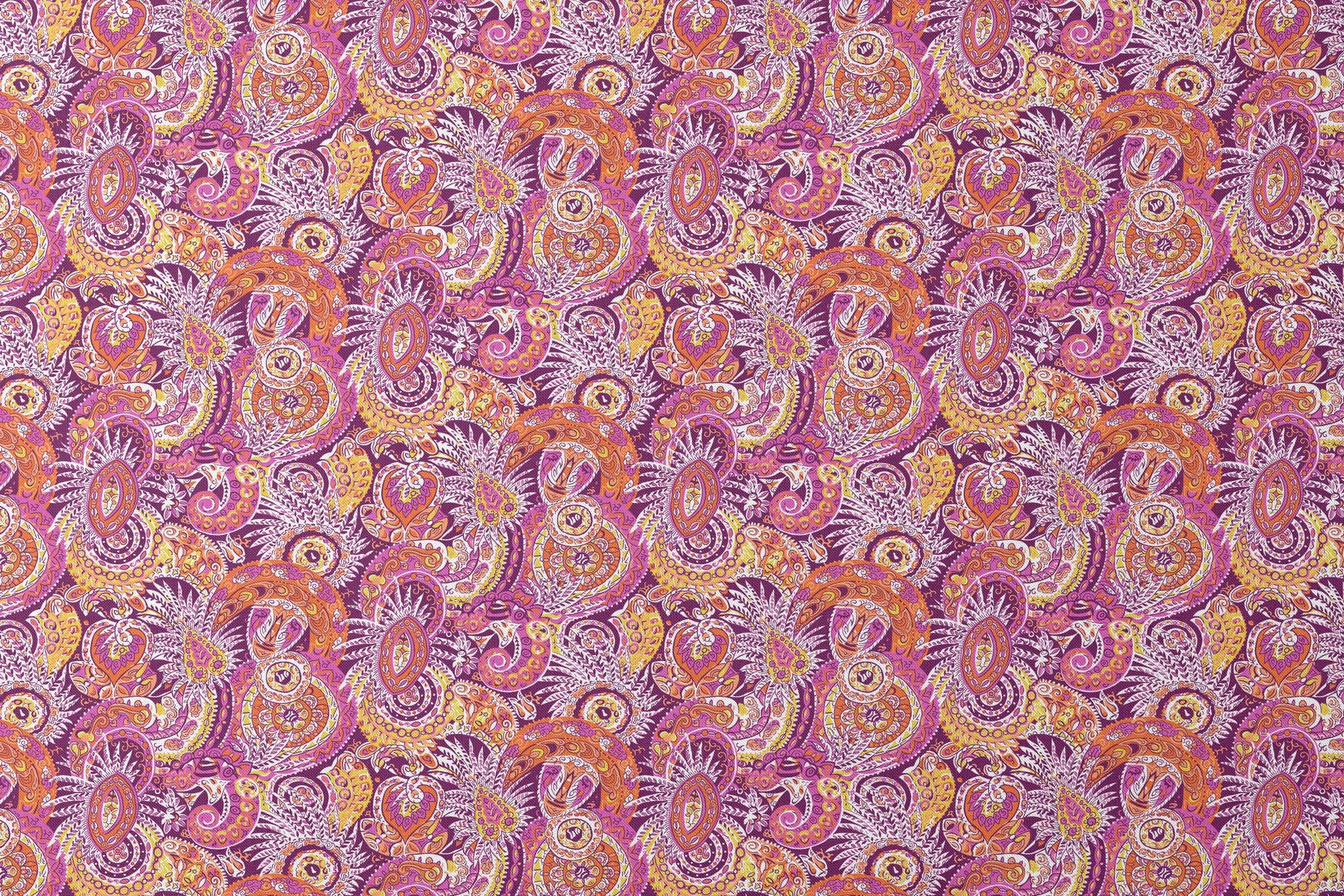 Vibrant paisley pattern with swirling shapes in purple, orange, pink, and yellow tones designs flat mockup