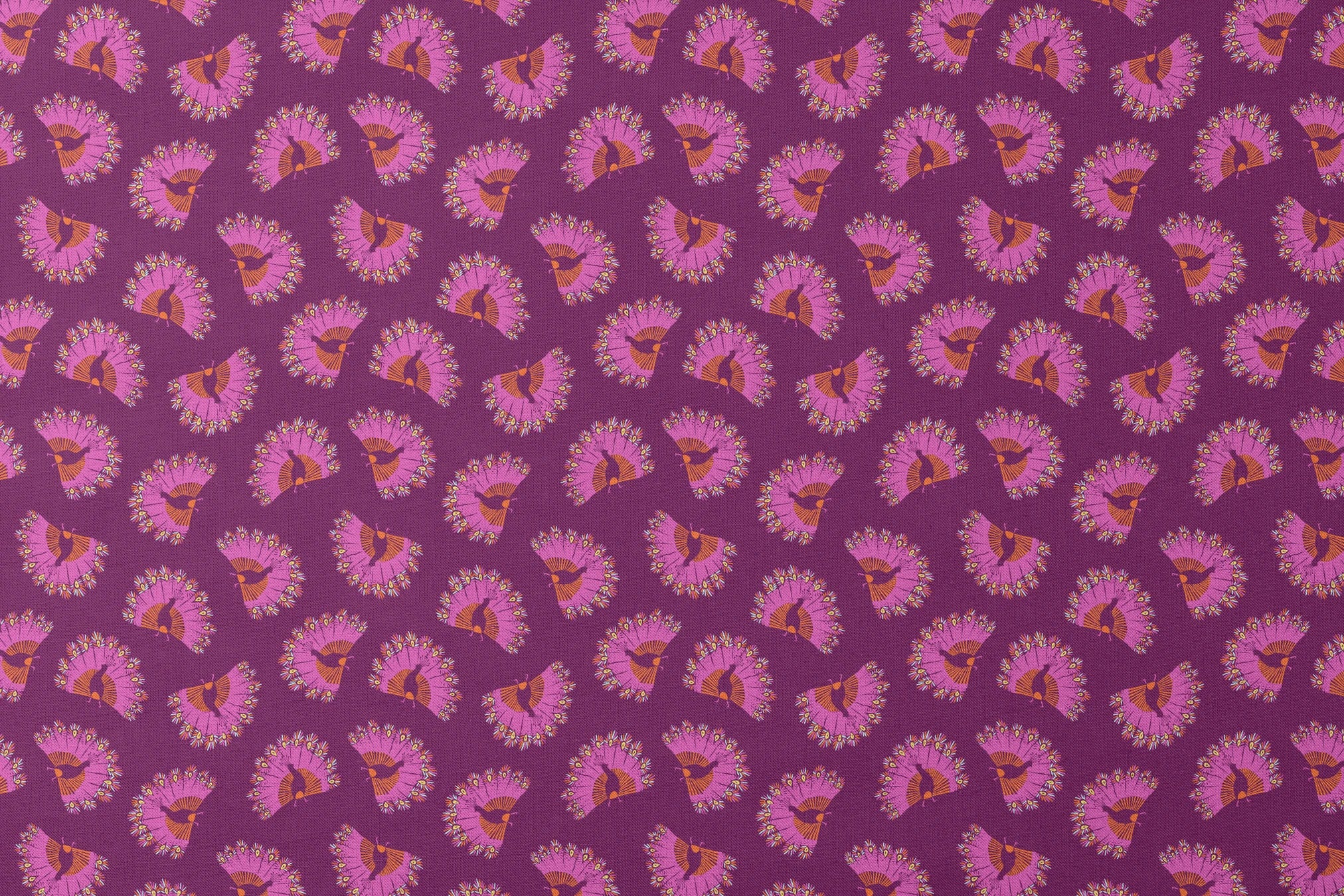 Decorative pattern with peacocks arranged in circular formations against a deep purple background designs flat mockup