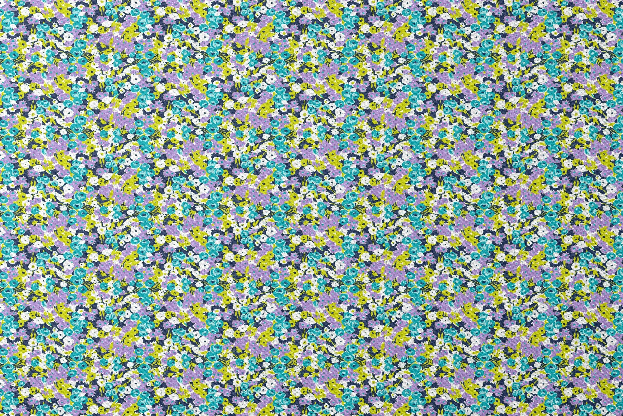 Vibrant floral pattern with turquoise, purple, white, and chartreuse blooms on dark background designs flat mockup