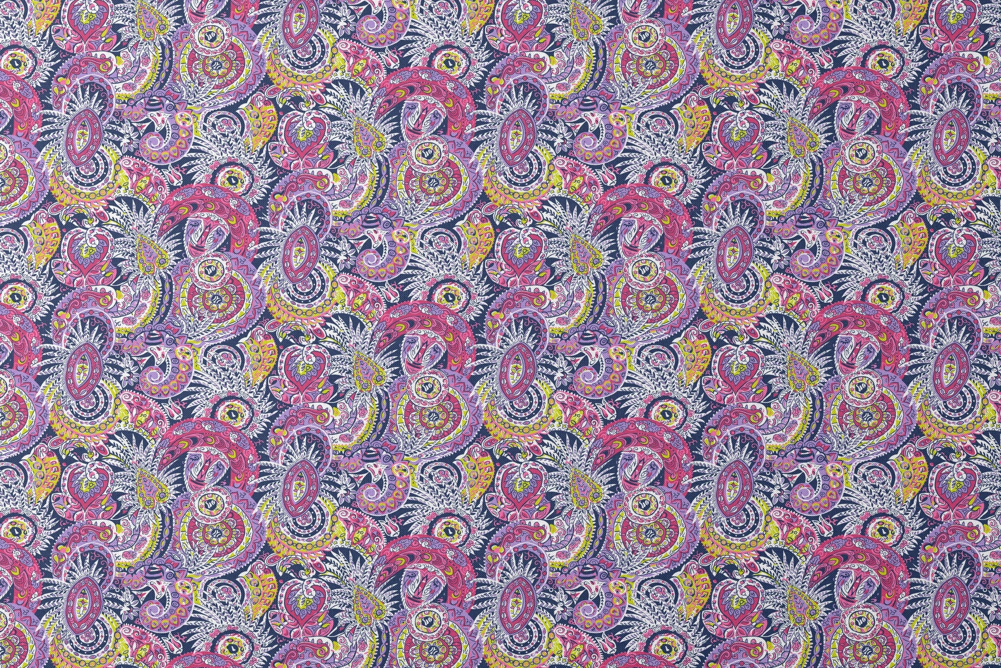 Vibrant paisley pattern in pink, purple, yellow, and blue with intricate swirling designs designs flat mockup