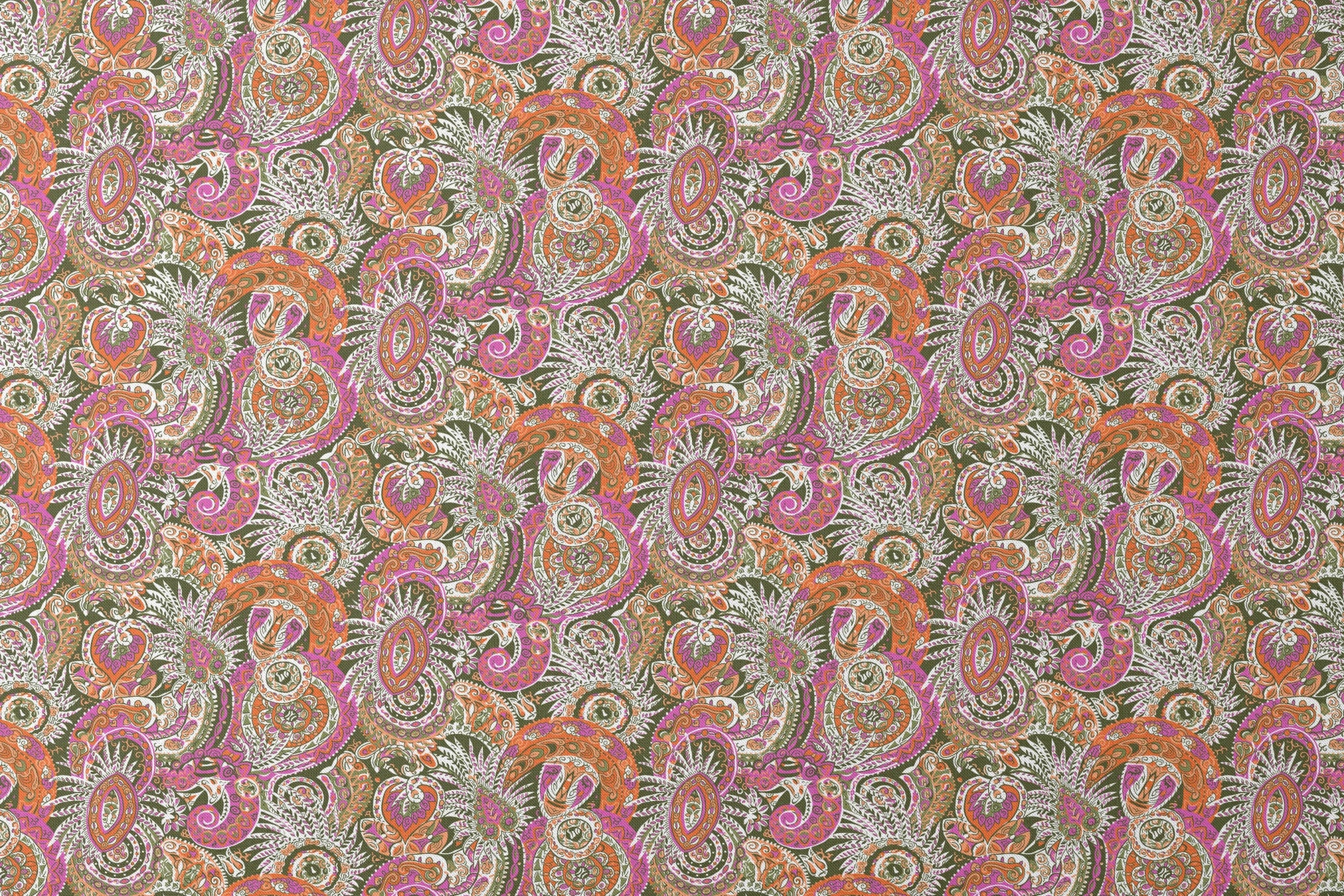Vibrant paisley pattern with swirling designs in pink, orange, yellow and white on textured background designs flat mockup