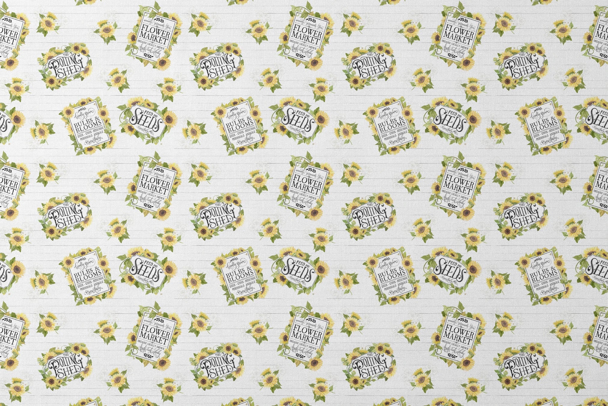 Watercolor sunflower clusters with vintage-style gardening labels on a white shiplap background, designed by Nicole Tamarin. designs flat mockup