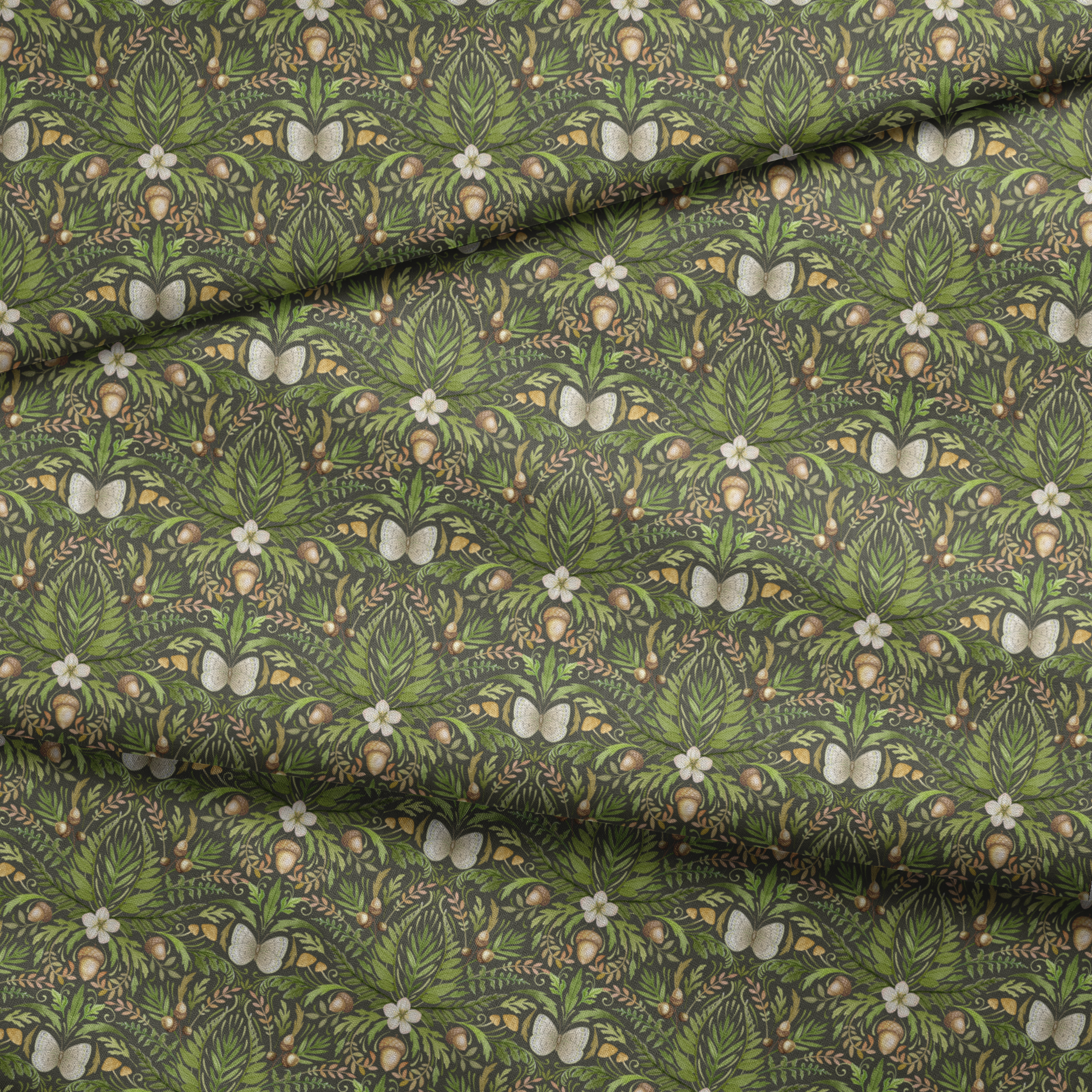 Symmetrical botanical pattern with green foliage, white flowers, and brown accents on dark background fabric fold mockup