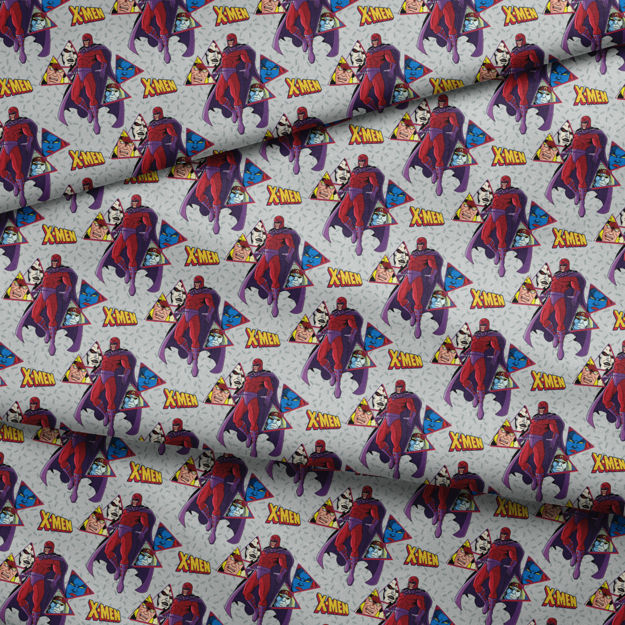 X-Men comic pattern with Magneto in purple and red costume against gray background with character portraits fabric fold mockup