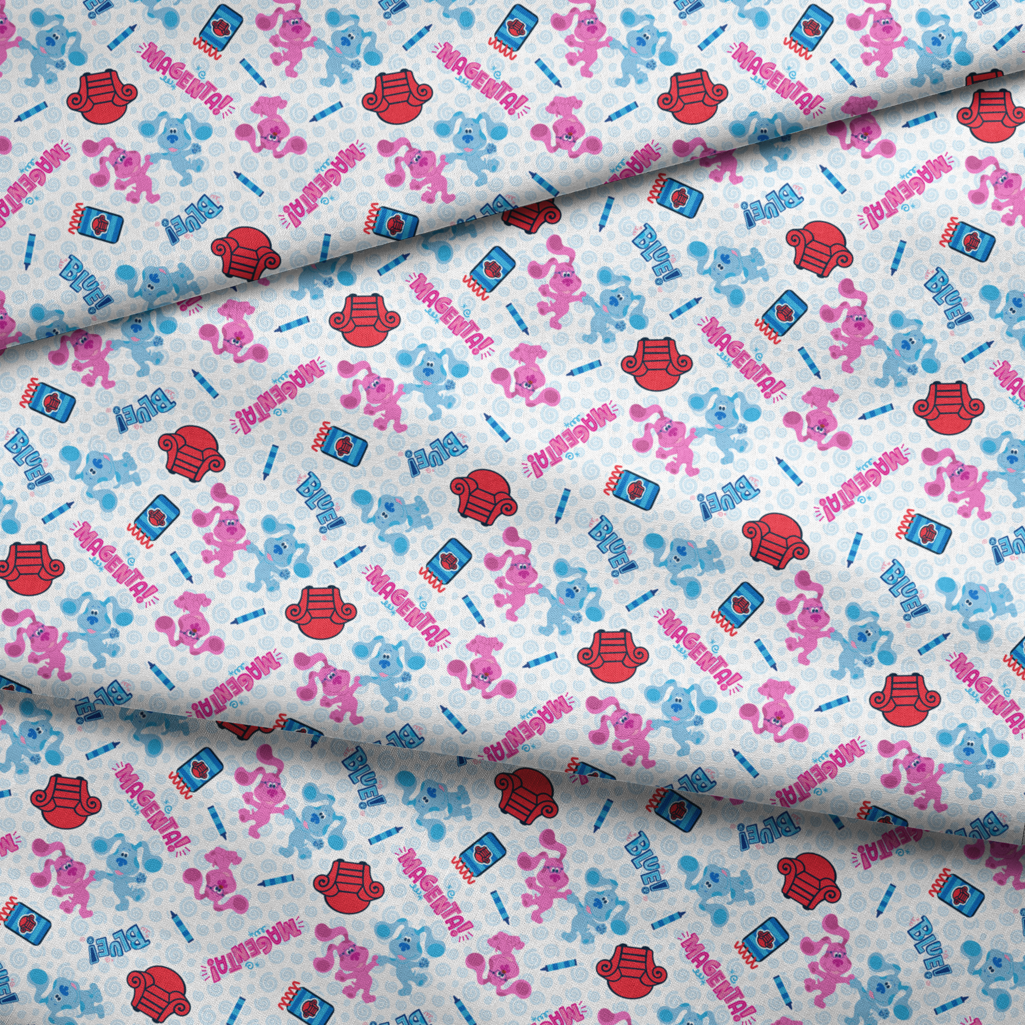 Nickelodeon, Colorful Blue's Clues pattern with blue and pink puppies, red chairs, notebooks, and crayons on a light blue background fabric fold mockup