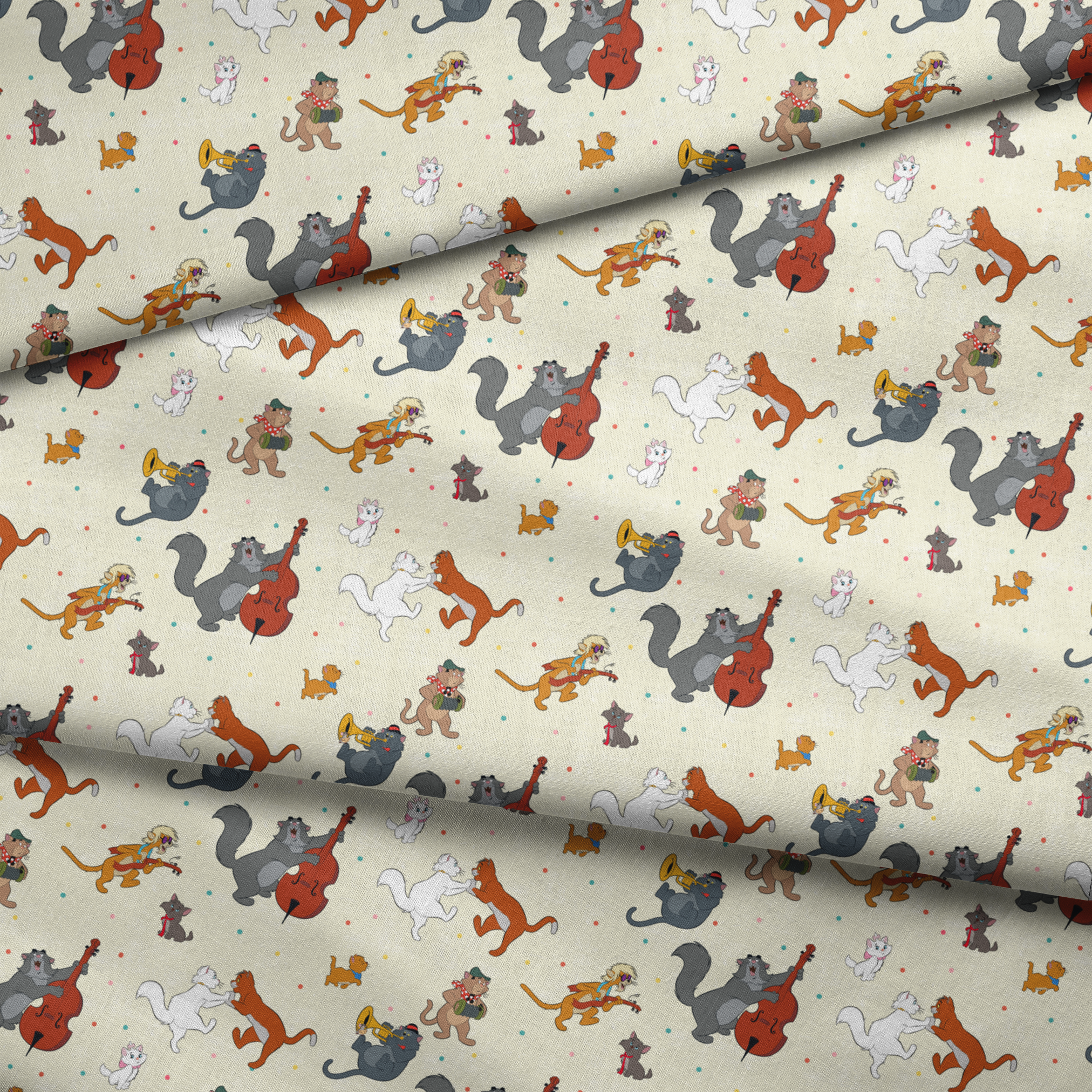 Musical cats and dogs pattern with animals playing instruments on cream background fabric fold mockup