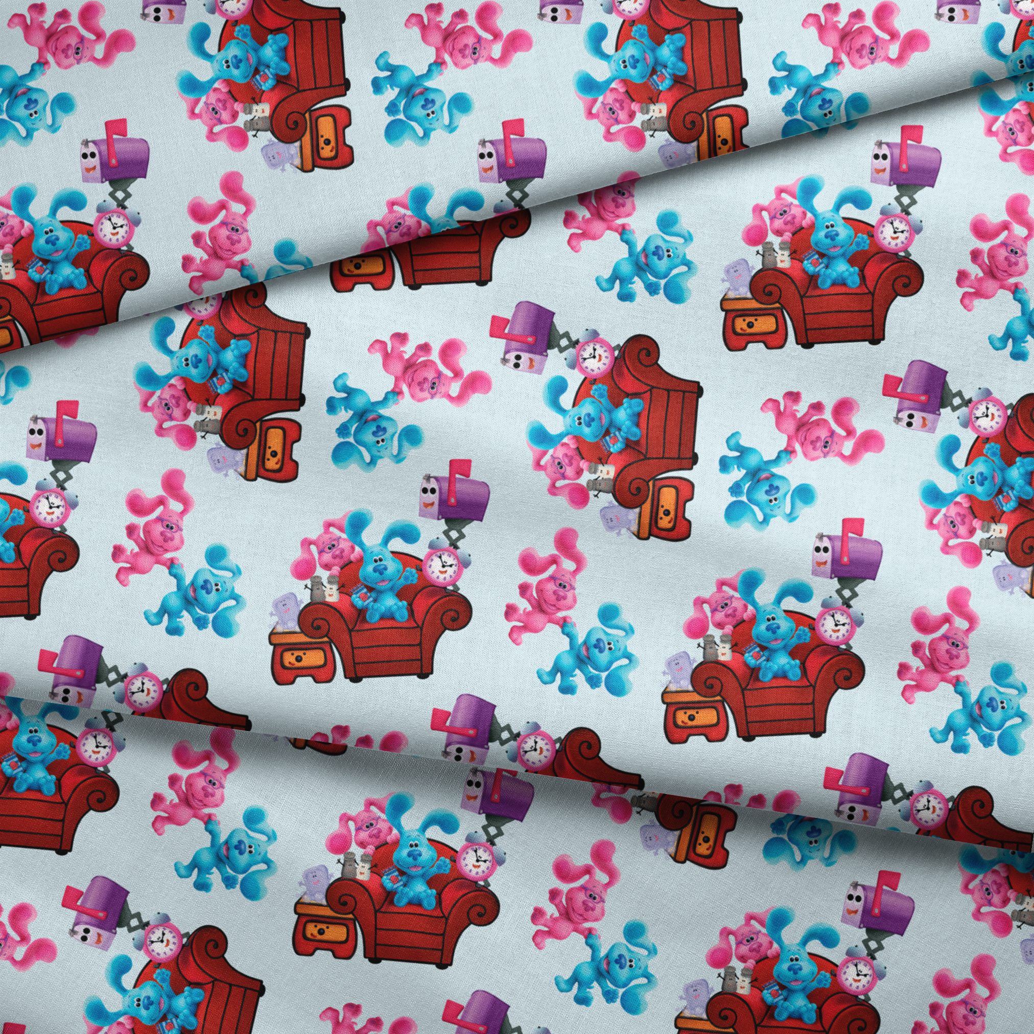 Colorful pattern featuring cartoon blue and pink puppy characters with armchairs, mailboxes, and clocks fabric fold mockup