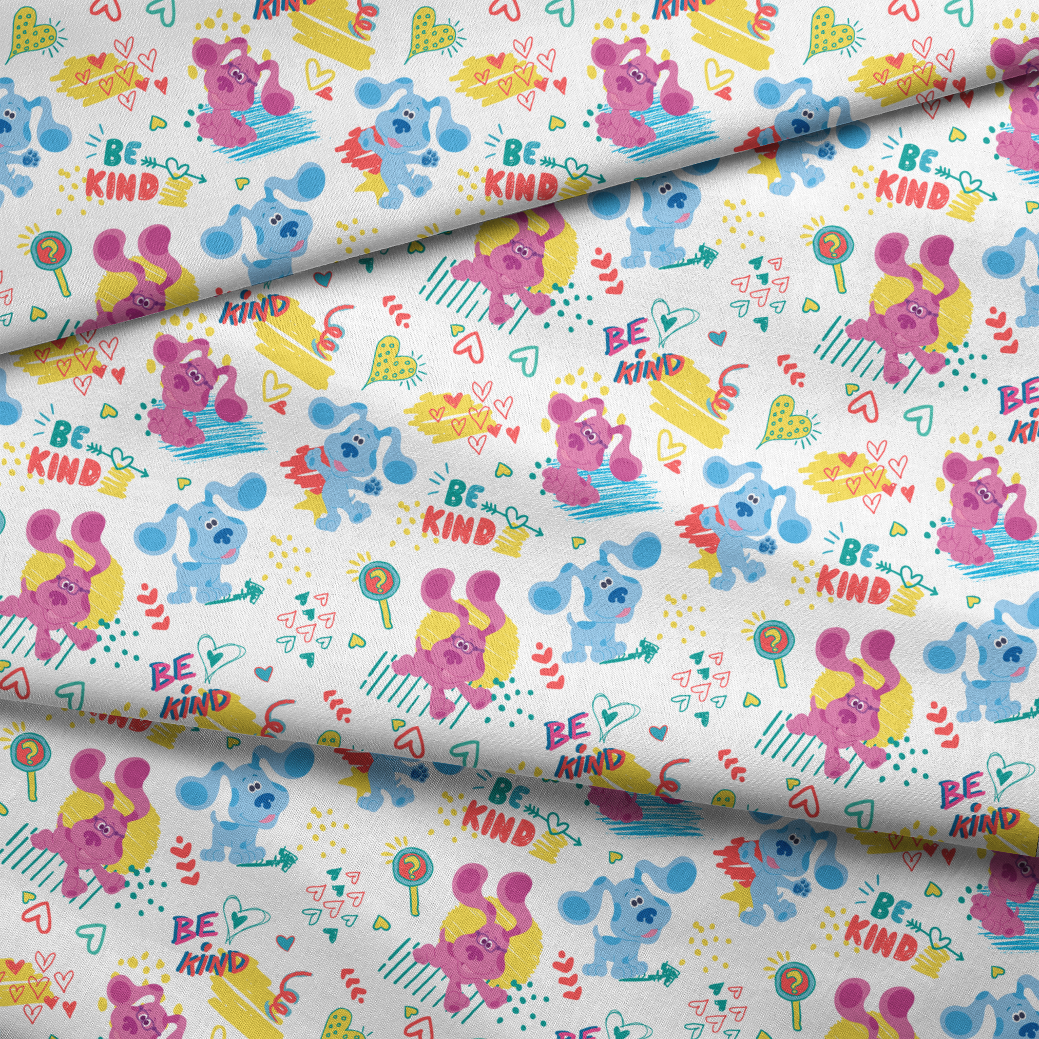 Colorful cartoon pattern with blue koalas and purple mice, hearts, and "BE KIND" text on white background fabric fold mockup