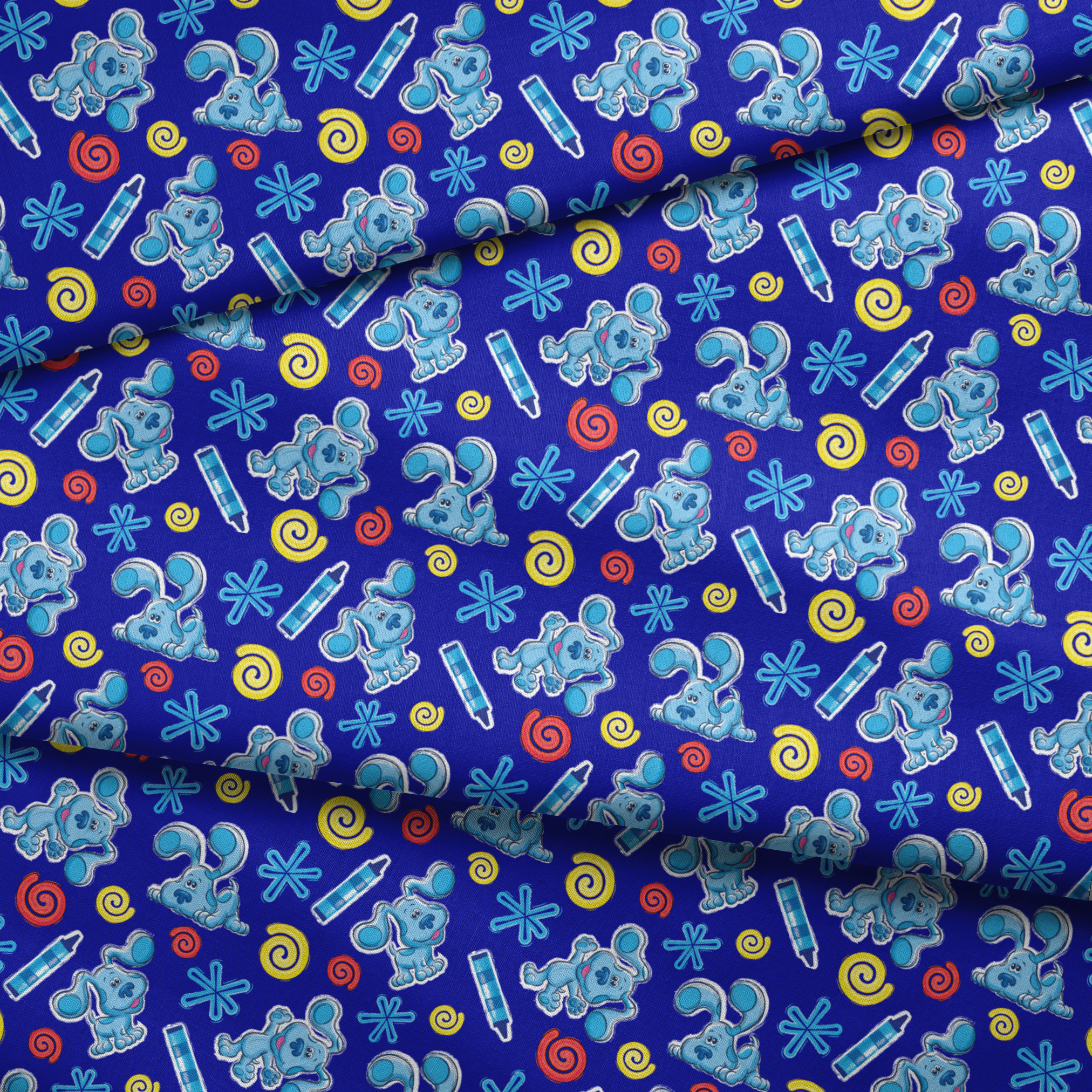 Blue background pattern with cartoon dog characters, snowflakes, spiral shapes, and thermometers in light blue, yellow, and red colors fabric fold mockup