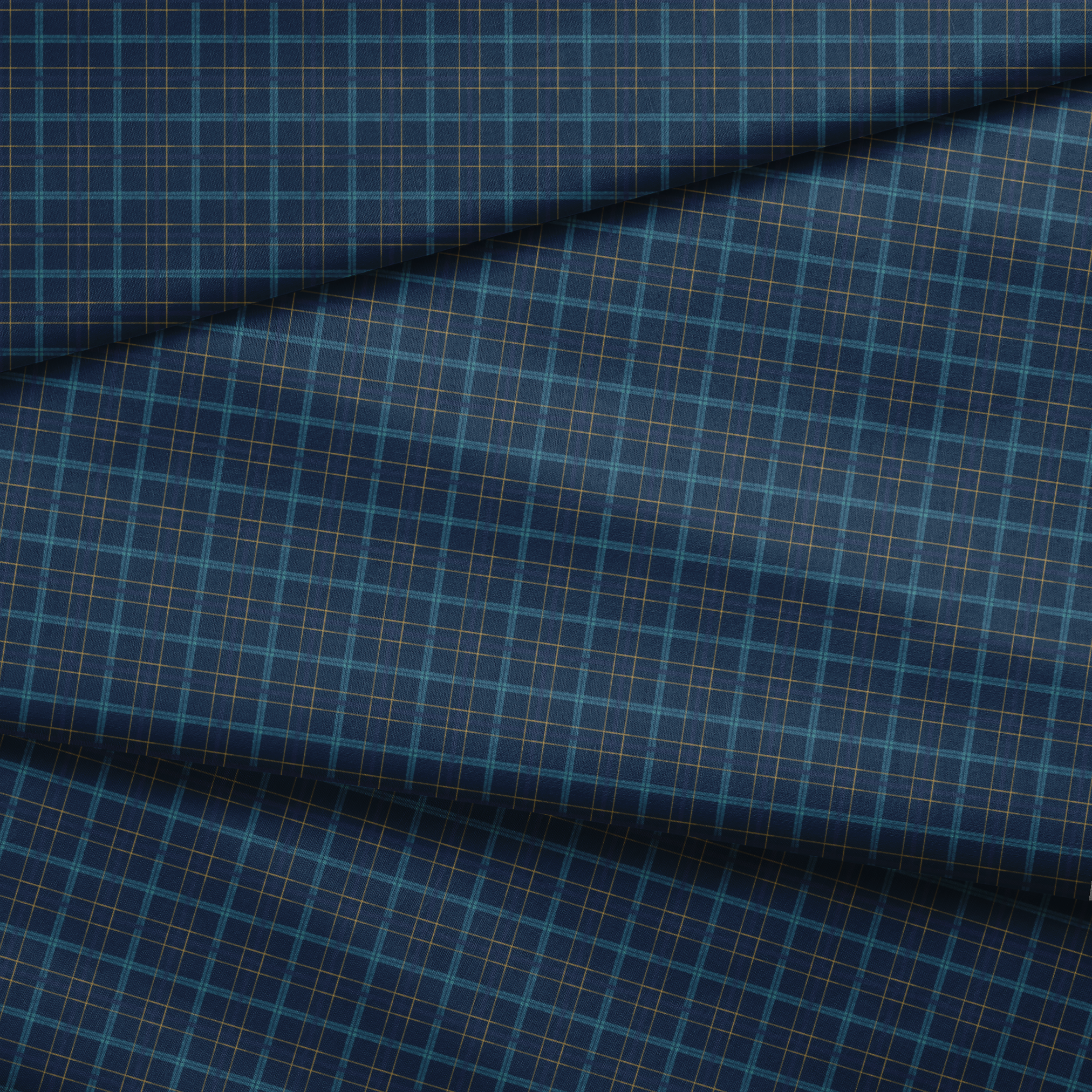 Painterly navy blue plaid with golden yellow and soft blue stripes by Nicole Tamarin, ideal for autumn sewing and decor. fabric fold mockup