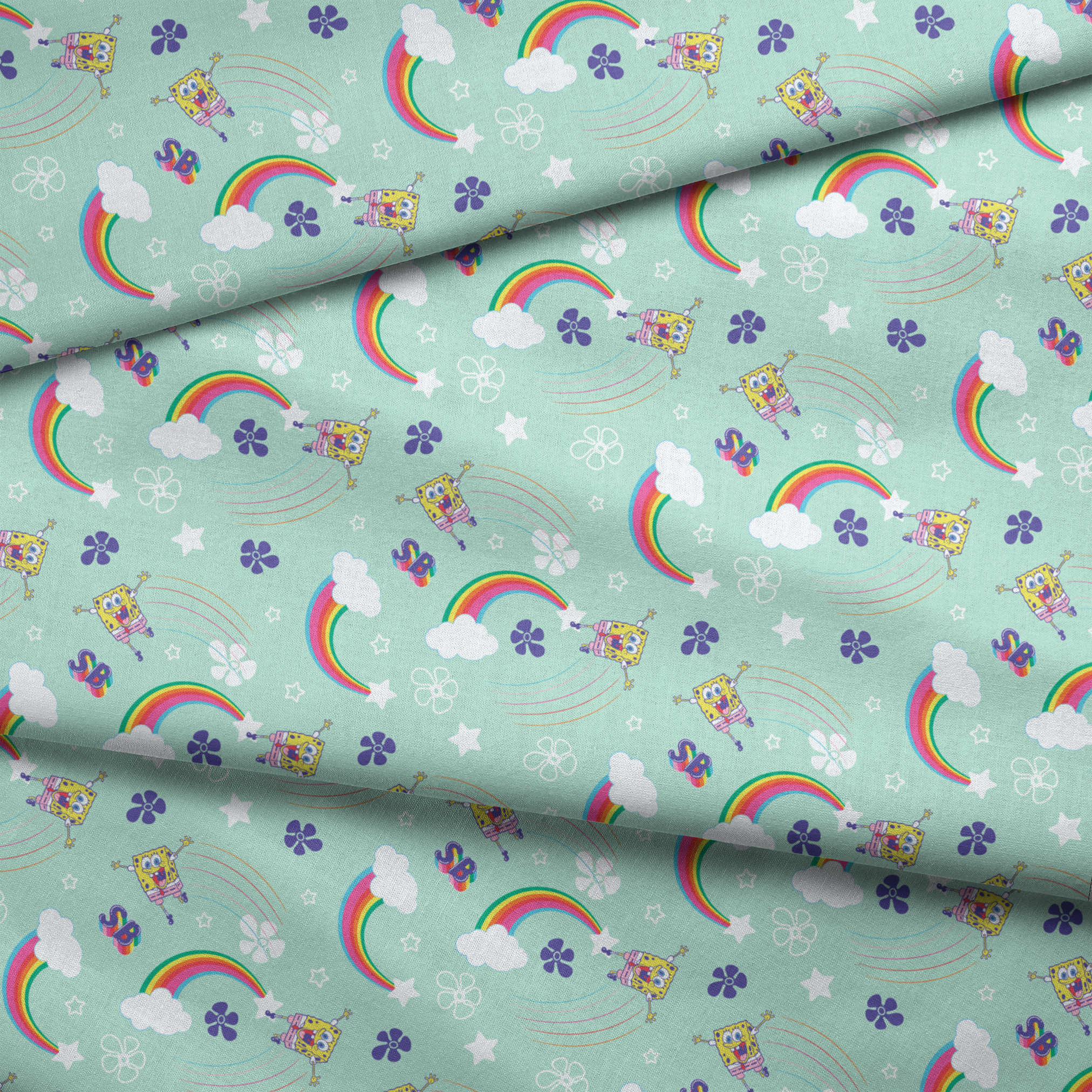 SpongeBob flying over rainbows with clouds, stars, and floral icons on a mint green background in a cheerful cartoon-style Nickelodeon design fabric fold mockup