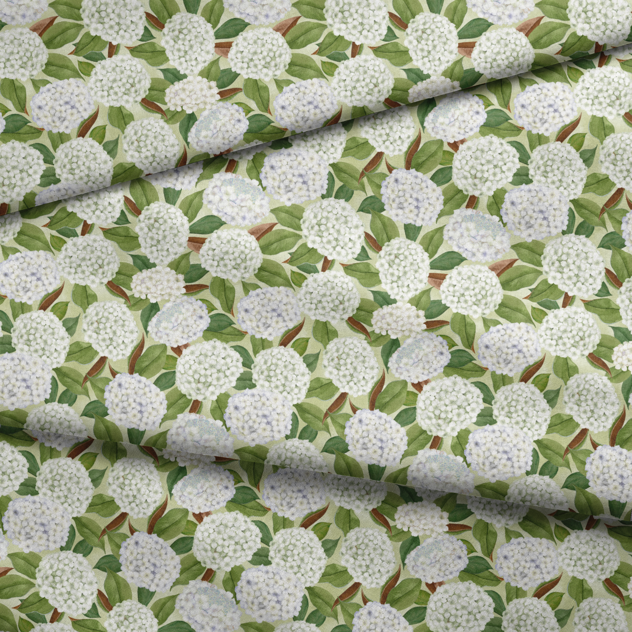Realistic white hydrangea clusters with green leaves on a soft cream background, designed by Nicole Tamarin in a timeless botanical style. fabric fold mockup