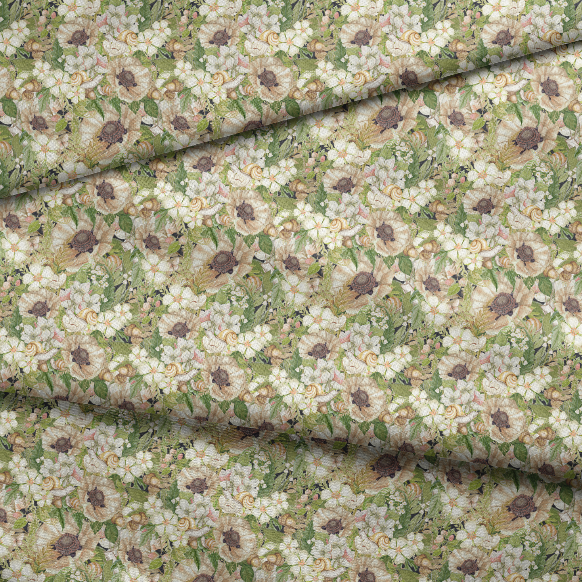 Botanical pattern by Nicole Tamarin featuring cream poppies, snails, acorns, and soft green leaves in an earthy woodland layout. fabric fold mockup