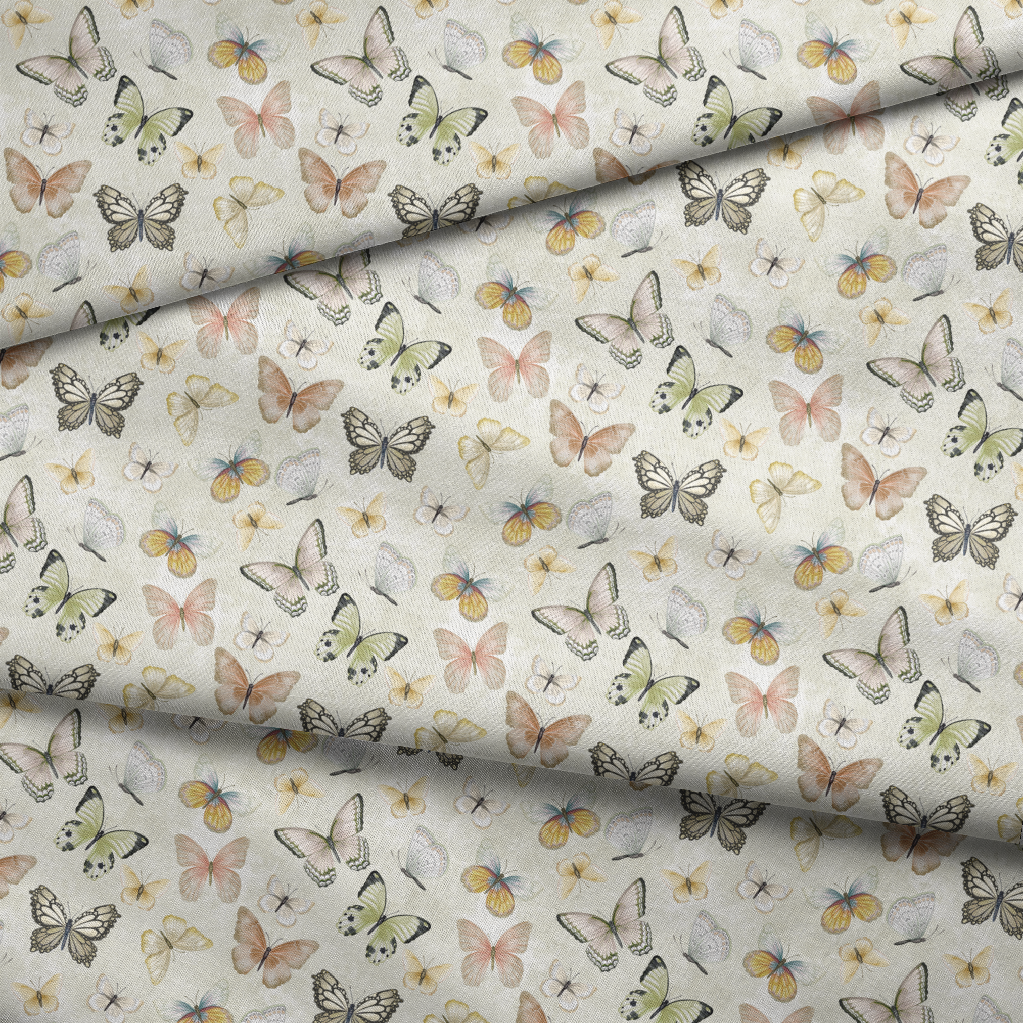 Hand-illustrated pastel butterflies in pink, blue, yellow, and sage on a cream background in a botanical-style Nicole Tamarin design. fabric fold mockup