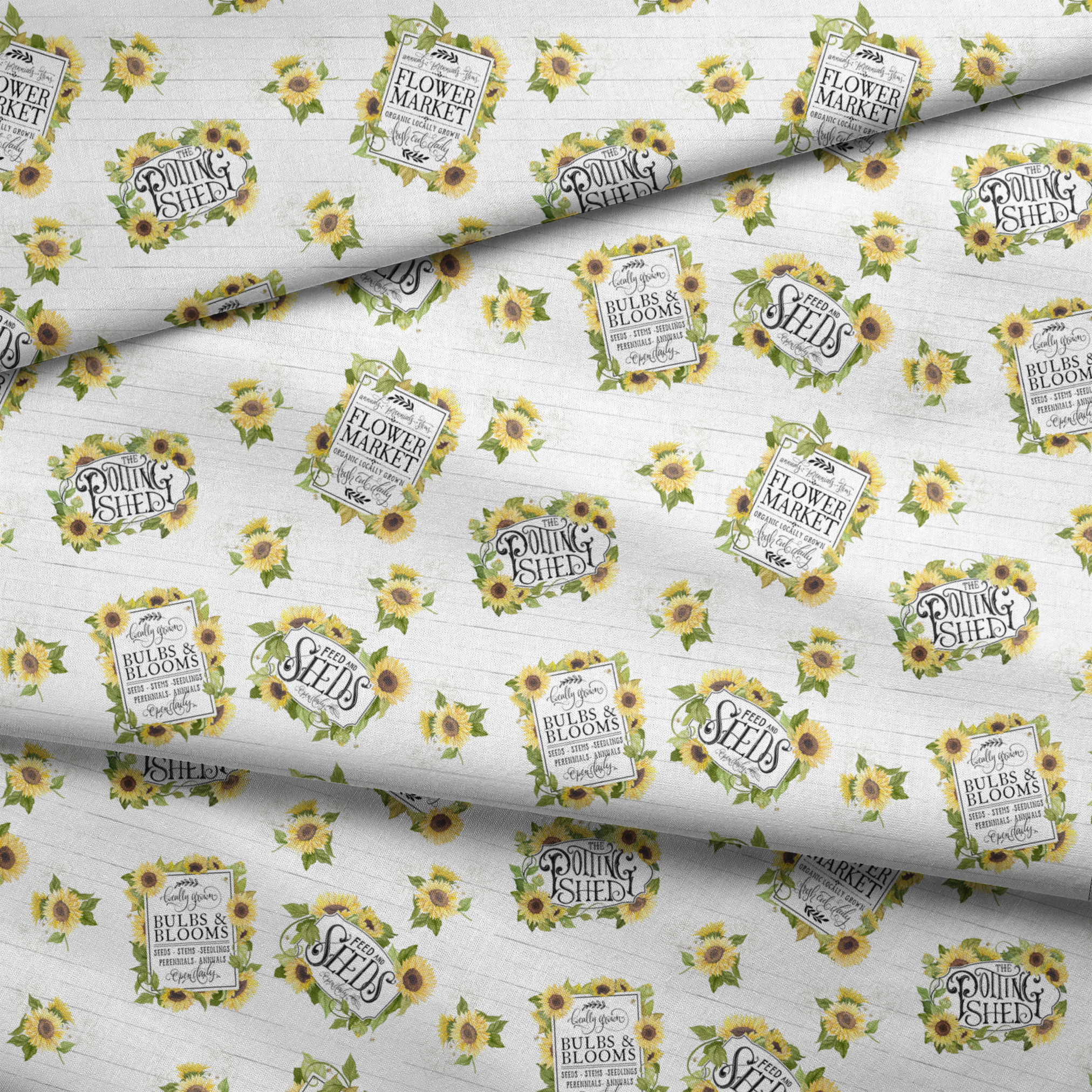 Watercolor sunflower clusters with vintage-style gardening labels on a white shiplap background, designed by Nicole Tamarin. fabric fold mockup