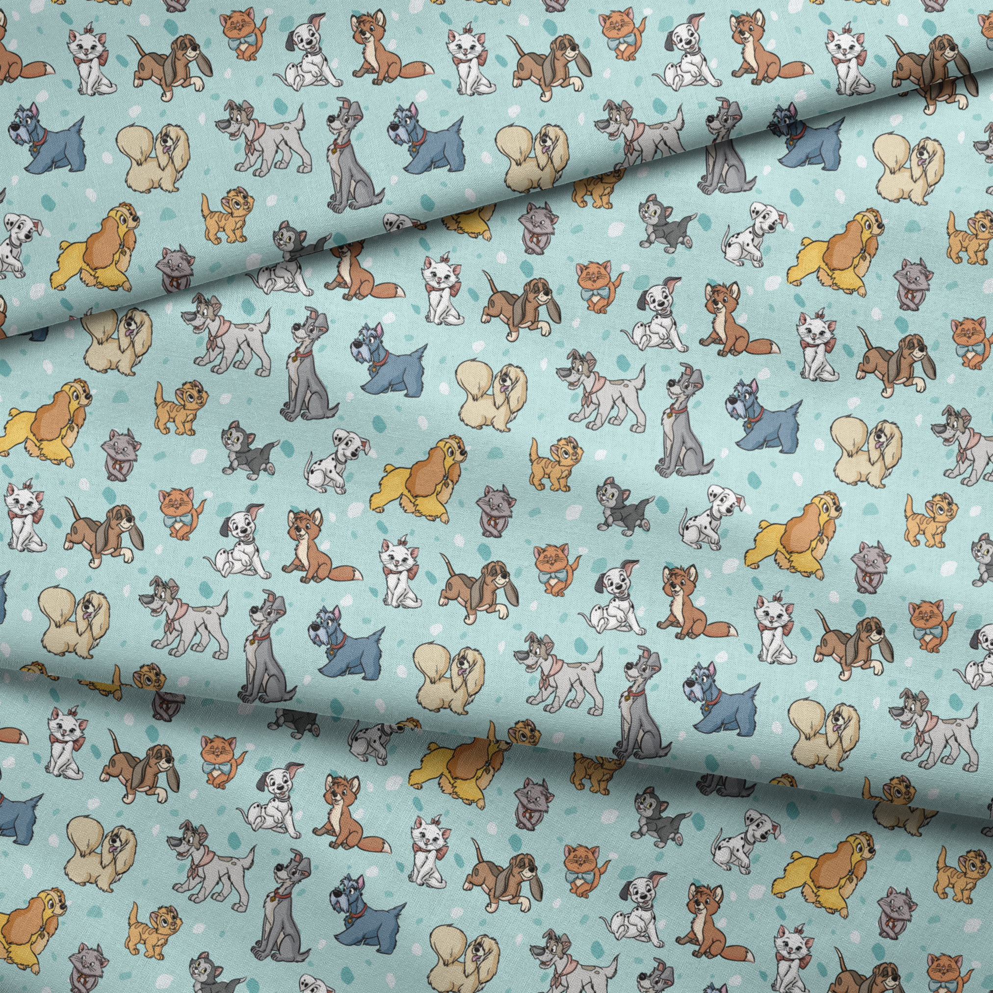 Cartoon-style Disney dogs and cats on a light blue background with scattered spots. fabric fold mockup