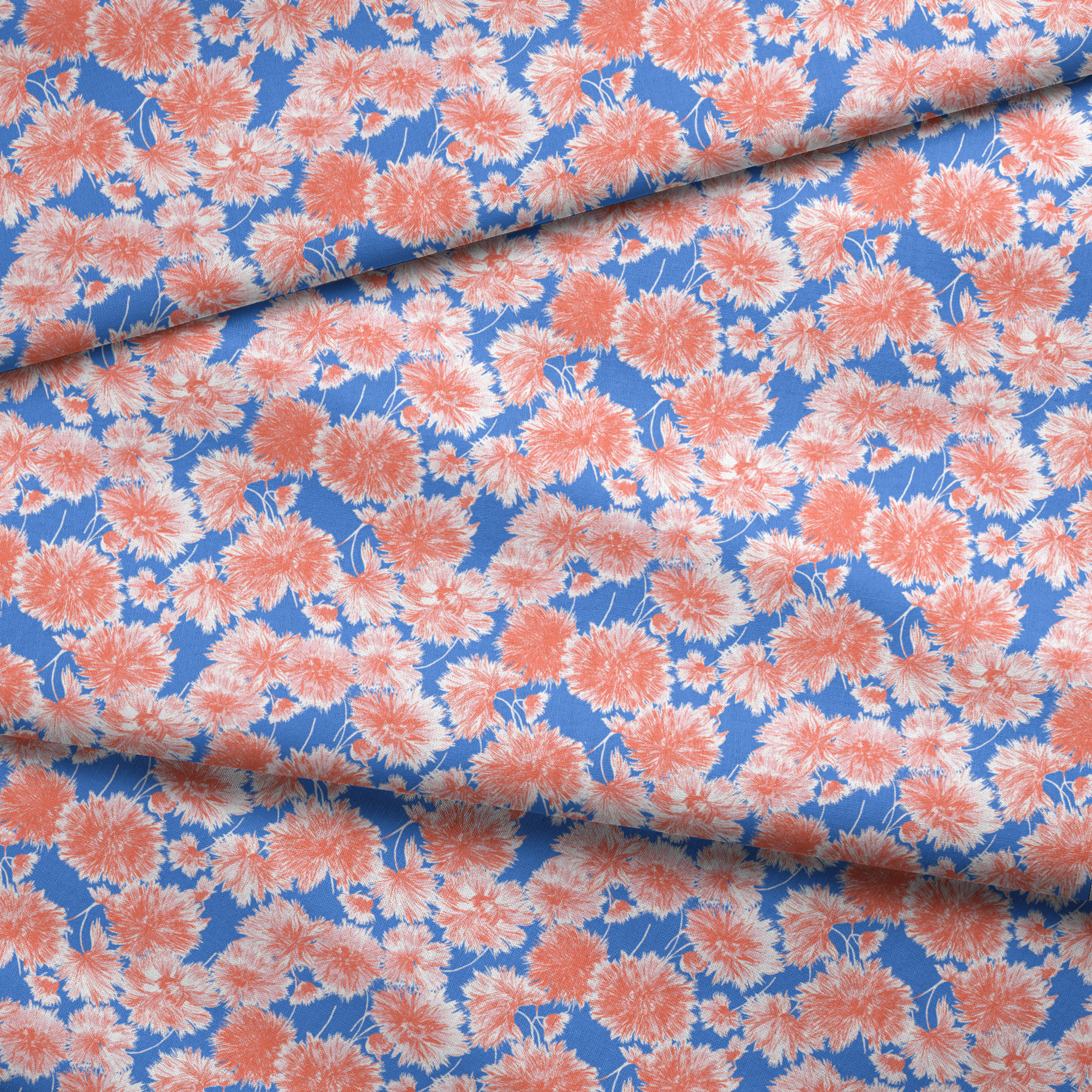 Coral pink floral pattern of chrysanthemums or dahlias on bright blue background fabric fold mockup