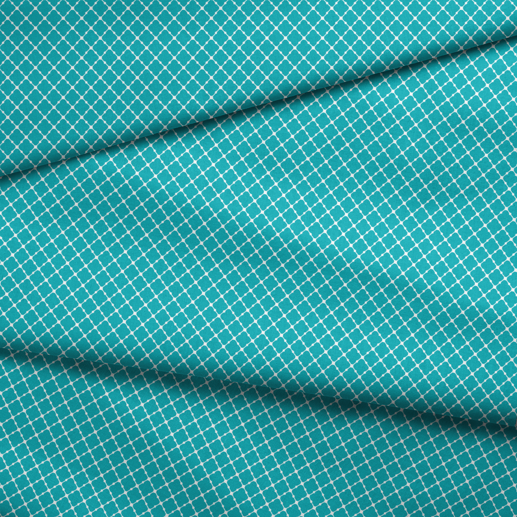 Turquoise and white quatrefoil pattern with Moroccan-inspired geometric design fabric fold mockup