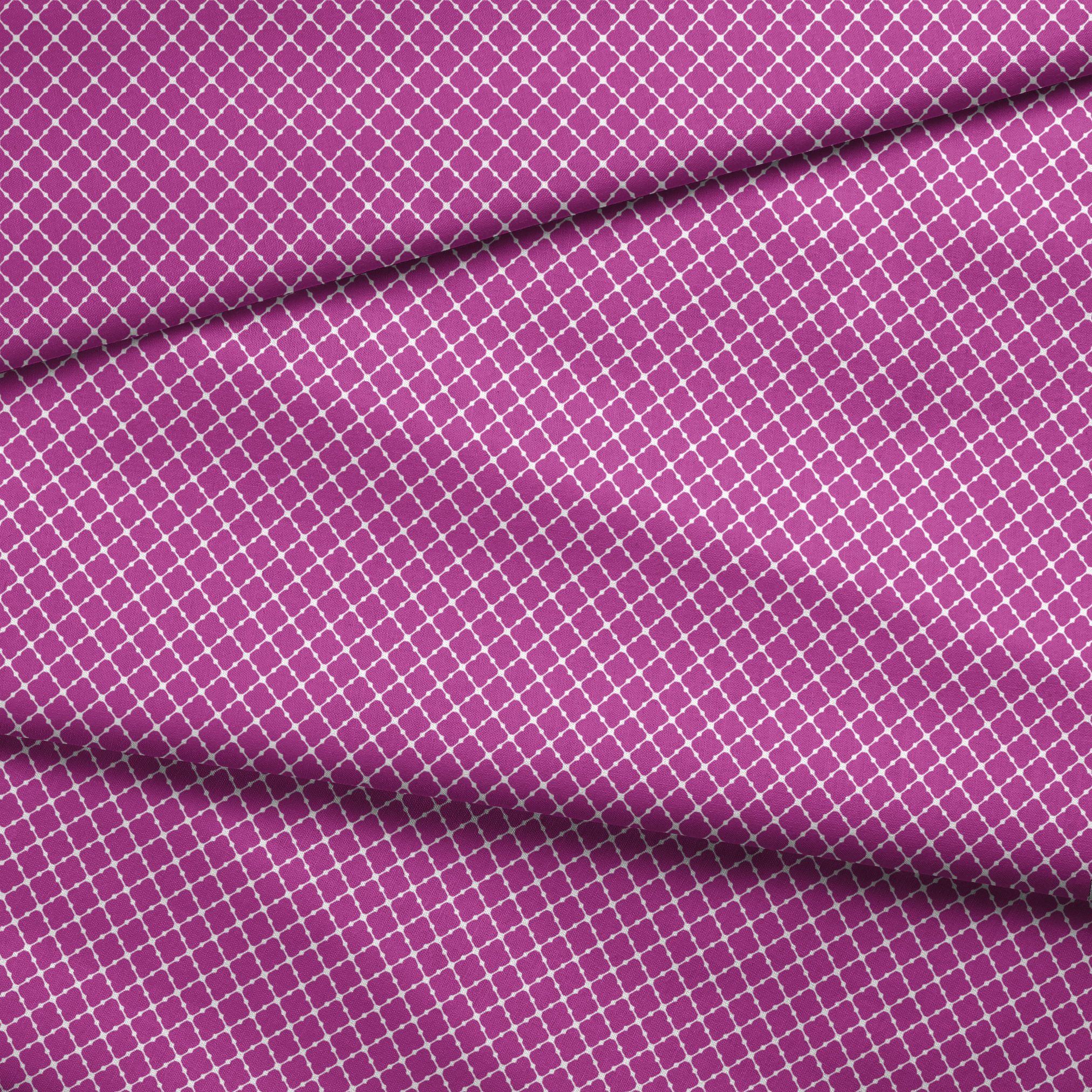 Magenta quatrefoil pattern with white lattice outline fabric fold mockup