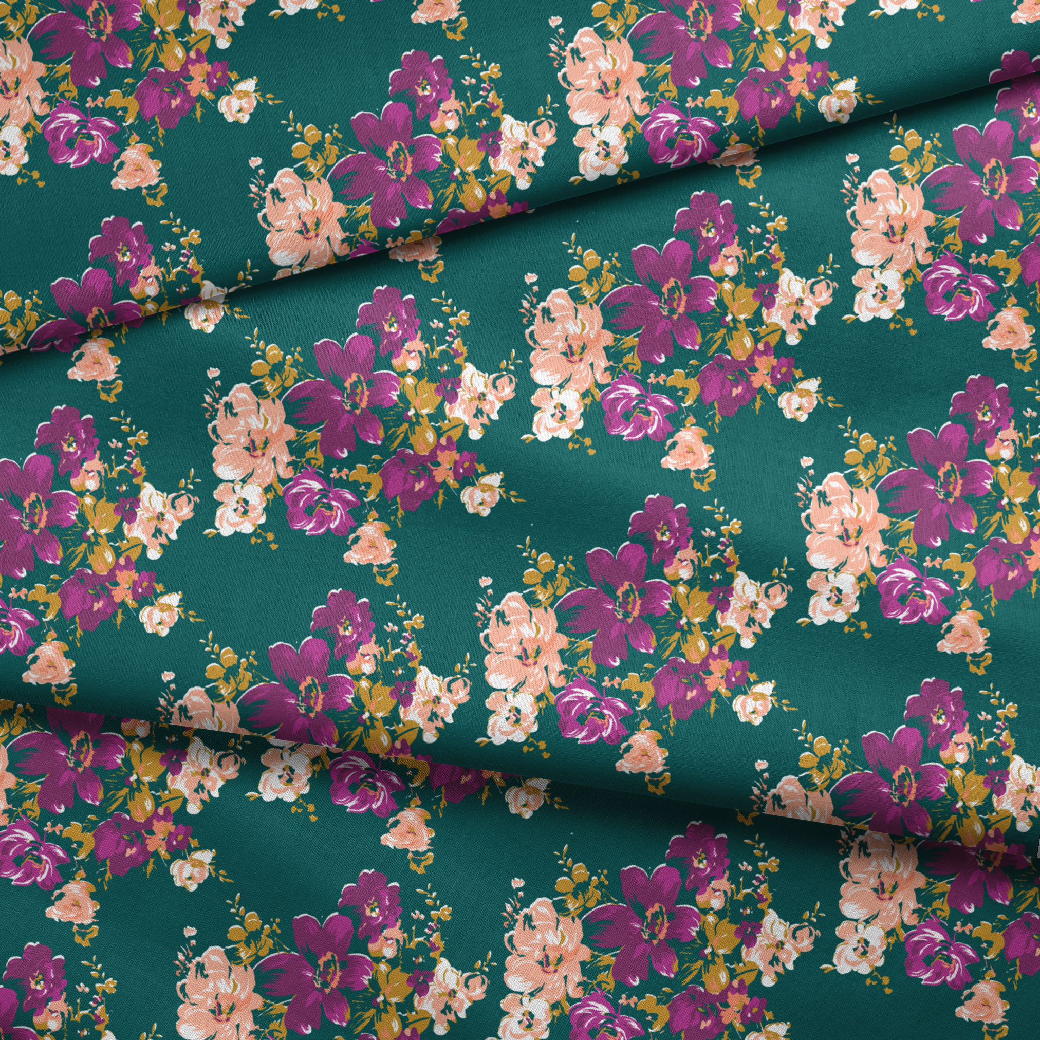 Vibrant floral pattern with purple and peach flowers on a deep teal background fabric fold mockup